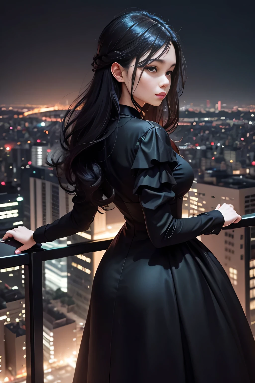 A woman in a black dress looking out over the city at night, modern figure, wearing an elegant dress, looking into the distance, on a rooftop, in Tokyo