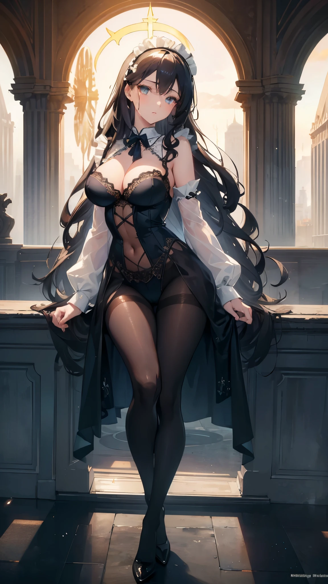 ((masterpiece, best quality)), Detailed face，Maid，Full body painting，Perfect body proportions，Large Breasts，Long legs，Long wavy hair，beautiful eyes，Fantasy style，extremely beautiful，Empty background，Sky City，sun，Holy Spirit，Holy Light，outdoor，transparent，Sexy Lingerie，Lace，Pantyhose，exposed