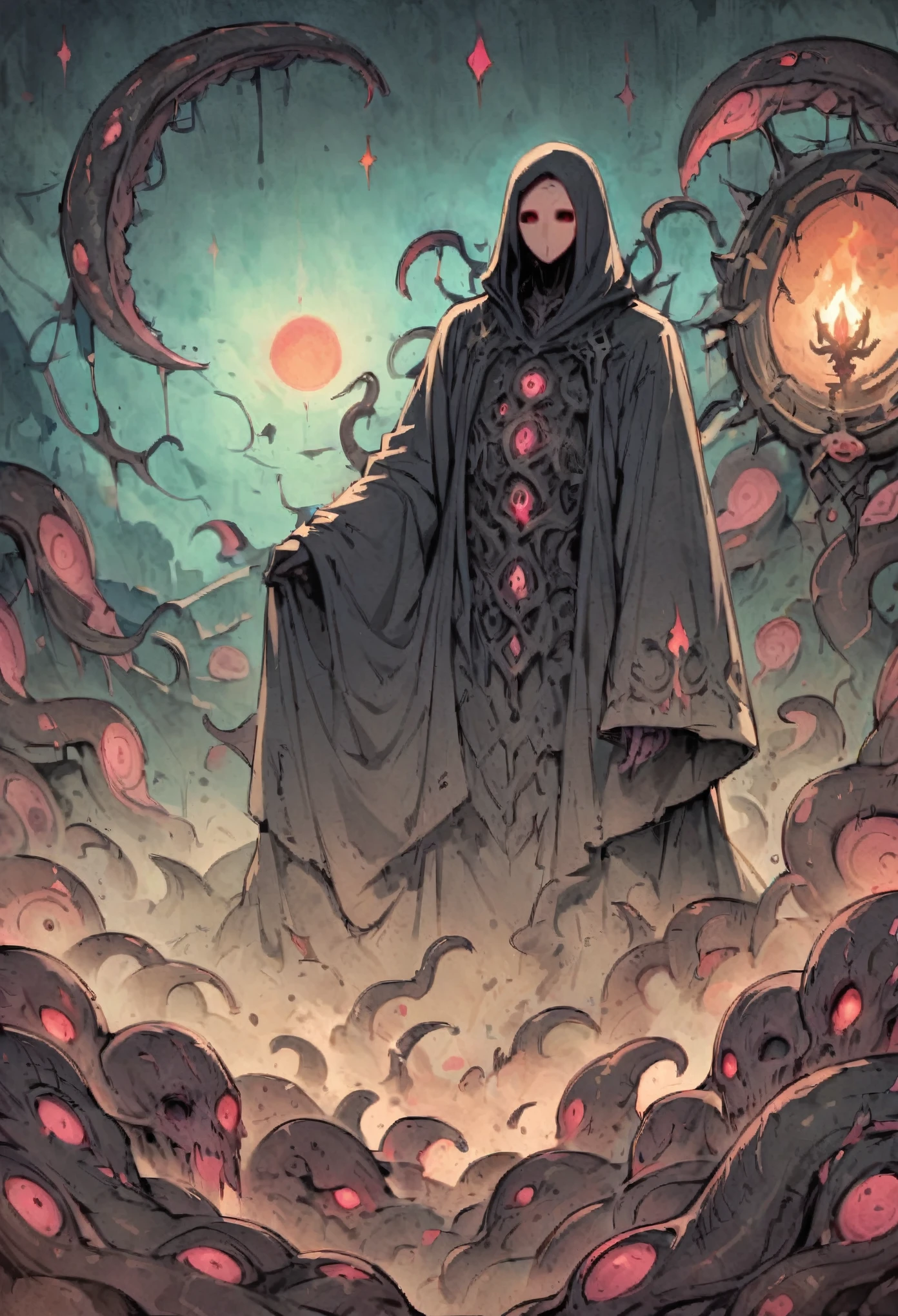 Adult male、Black Robe、Magical、No face、No appearance、outer god、Ancient gods、Evil God、Black Tentacles、Compound eyes staring at me、fear、cosmic horror、myth、Looking at this、Black Tentacles、Alien