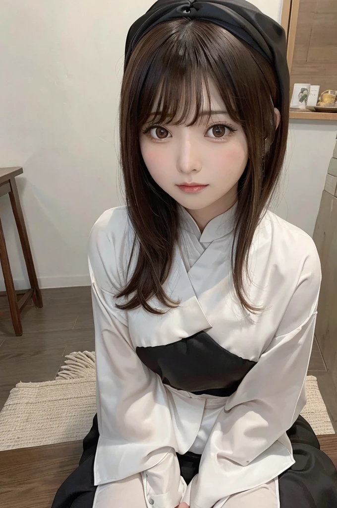 Sitting at the table、Arabian woman with long bangs, Painting inspired by Miu Komatsu, Pixiv, shin hanga, Yoshitomo Nara, 8K Selfie, Cute natural anime face, Chiho, sakimi chan, sakimichan, Girl cute beautiful face