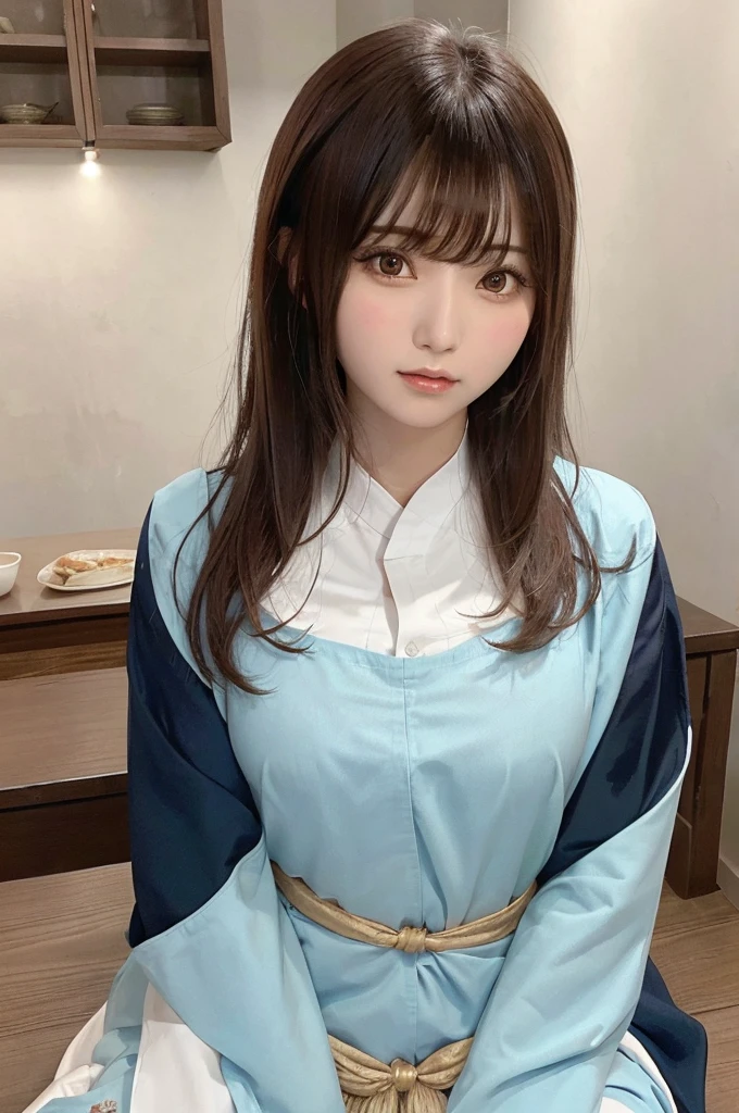 Sitting at the table、Arabian woman with long bangs, Painting inspired by Miu Komatsu, Pixiv, shin hanga, Yoshitomo Nara, 8K Selfie, Cute natural anime face, Chiho, sakimi chan, sakimichan, Girl cute beautiful face