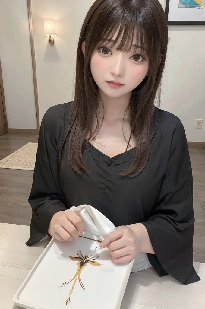 Sitting at the table、Arabian woman with long bangs, Painting inspired by Miu Komatsu, Pixiv, shin hanga, Yoshitomo Nara, 8K Selfie, Cute natural anime face, Chiho, sakimi chan, sakimichan, Girl cute beautiful face