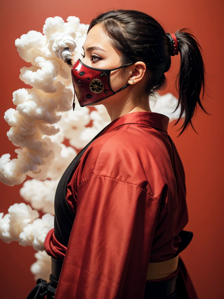 samurai, cyberpunk theme, two-tone, black hair, side view, from side, monochrome, red theme, white theme, shadowed face, shiny eye, red eyes, smoke, masked, hidden face, samurai armor, cowboy shot, red katana, red blood stain, standing, red background, painting