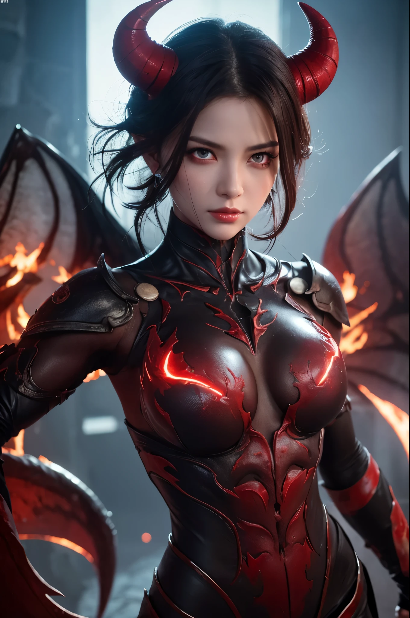 8K,Male Demon of the Abyss,Devil horns,Scary face,Strong and bulging muscles,Strong Macho,Tattered Gauntlets,Strong and big fist,Bright Red Eyes,Abyssal Land,Perfect Anatomy,charm,Volume measurement,Body balance,Digital single-lens reflex camera, Soft lighting, Detailed Background, Written boundary depth, Volumetric lighting, Sharp focus, Absurd, Realistic proportions, Excellent anatomy, (Realistic, 超Realistic:1.4), 16K HDR, dawn,A High Resolution,super Realistic 肌,Super beautiful expression,Fantasy art,Character Art,Wind effects:1.9、Cloud Effect:1.2、Full Rendering、Professional quality high resolution、Perfect contrast、Perfect lighting、Perfect composition、Perfect Skin、Perfect Fingers、Perfect breasts、Perfect Hair、Perfect Face、Realistic facial features,super highest quality,Slim figure,Perfect body line,Perfect hand shape,Anatomical body balance,Highly detailed face,Highly detailed eyes,Beautiful Lips,Excellent light particles,Cinema Lighting,Makeup,Ultra-high resolution,Ultra-Realistic Skin,Dynamic pose,Bright Red Eyes,Bathing the whole body with blood,