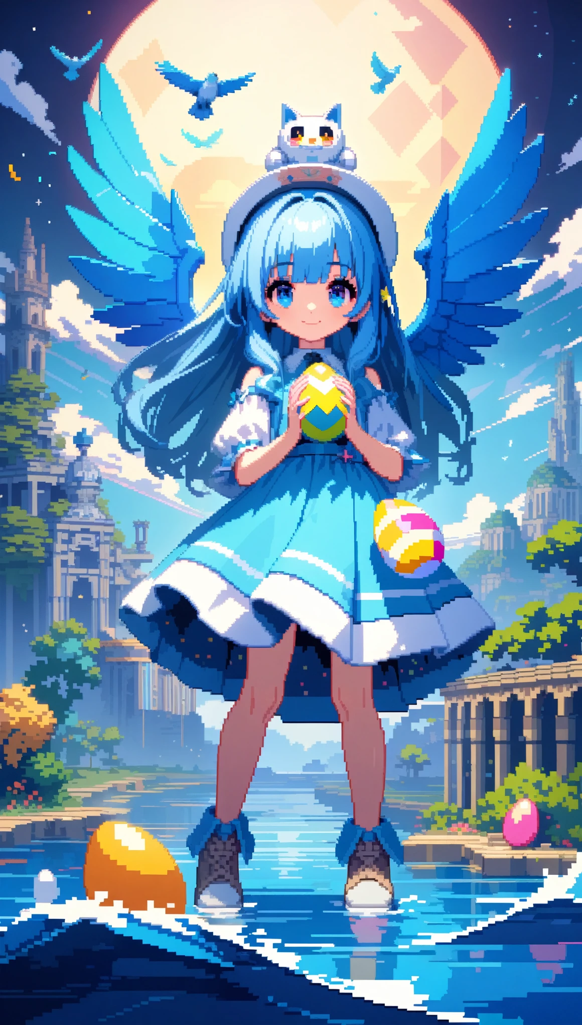 32k, best quality, ultra high res, HDR, UHD, extremely detailed CG, unity 32k wallpaper, A world full of eggs, 18-year-old, Holding a rainbow-colored egg in both hands, Very cute girl, Blue Hair, Long Hair, blue eyes, A beautiful and cute blue dress, from the front, A very beautiful sea background, Standing on the water, Particles that glow blue, bird, cloud, Egg with wings, Close your mouth and smile happily, A cute hat with blue feathers, (wing), full moon, In a retro 3D pixel art style, the cute robot cat with big claws and large guns is depicted with blocky, pixelated shapes and limited color palettes, reminiscent of classic video game graphics. The design evokes a nostalgic feel, with simple yet charming character designs and environments. The background is a pixelated, retro-futuristic landscape with geometric shapes and bright colors, reminiscent of vintage arcade games. This high-quality, high-resolution artwork, ideal for 16k wallpaper and 32k HD HDR, captures the nostalgic appeal of retro 3D pixel art, enhanced by Unreal Engine for smooth animations and vibrant retro visuals.