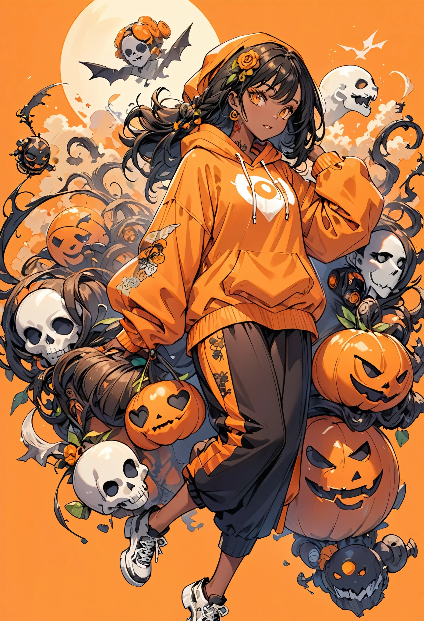 (A African black woman) holding big orange. Her decked out in an big orange themed ensemble,complete with a hoodie adorned. Her laid-back demeanor contrasts with the vibrant,spooky accessories. ((on an orange background)). array of tattoos,
