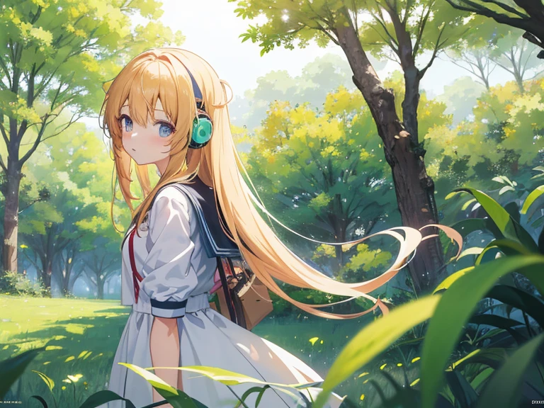 anime girl with headphones in a field of grass and trees, anime style 4 k, beautiful anime girl, anime visual of a cute girl, cute anime girl, anime girl with long hair, anime wallpaper 4 k, anime wallpaper 4k, nightcore, anime vibes, anime picture, anime art wallpaper 4 k, anime art wallpaper 4k, (anime girl)