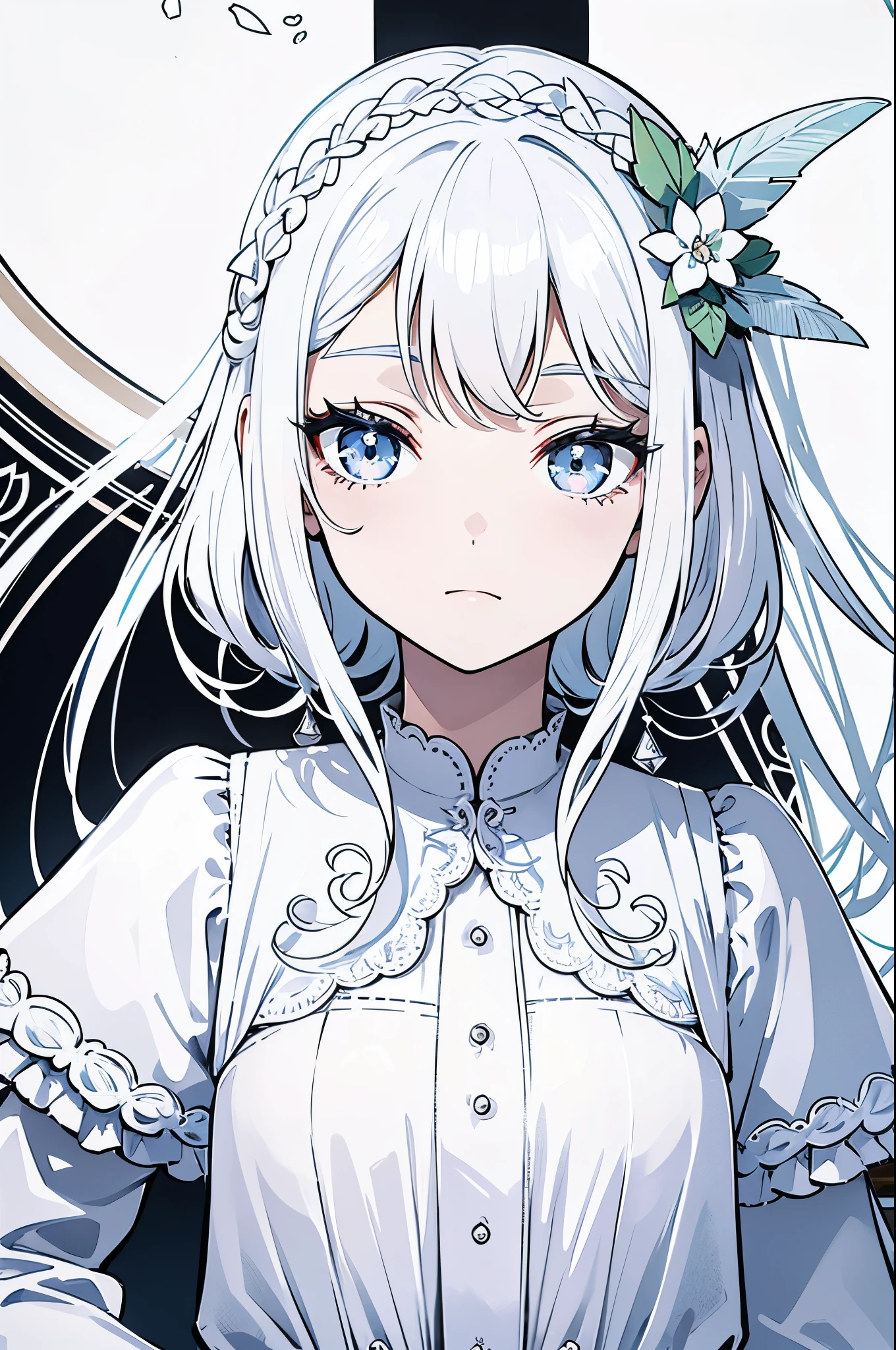 Garoto adolescente, neve, casaco de plumas brancas. white eyelashes, cabelo branco, sobrancelhas brancas. Olhos azuis extremamente claros, pale skin, labios rosados, delicate features, sutilmente feminino, fofo. Brincos de cristais pequenos e transparentes.