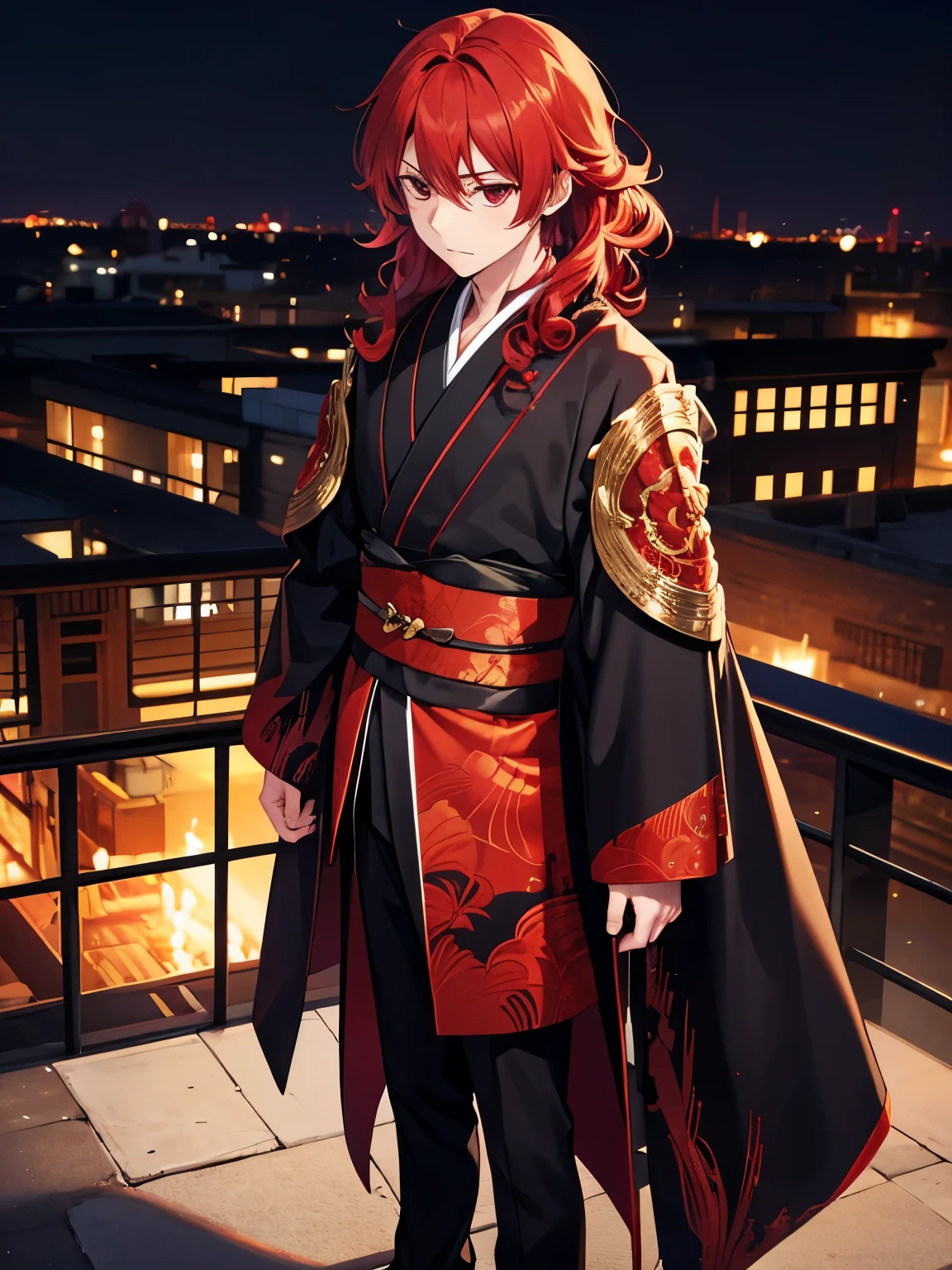 1boy,cool style,Standing, looking away,handsome,Curly hair, red hair, red eyes, shoulder length hair, vampire, handsome, Black kimono, night, standing,half body photo
