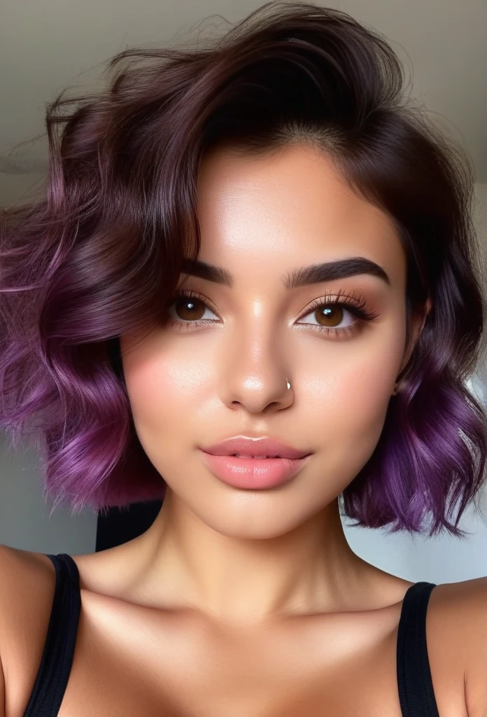 ((whole body shot:1.5)), ((hyperrealistic:1.3)), ((front view)), masterpiece, best quality, 8k, photo of (extremely beautiful latin girl 25 yo:1.3)), ((sexy goodness_but slim:1.4)),((violet short hair:1.1)), ((round face)), sexy, ((violet semi_curly short hair:1.1)),((messy cut)),((brown eyes:1.3)),((detailed skin texture:1.2)), ((perfect teeth)), ((short nose:1.5)), charming, alluring, seductive, enchanting, ((breasts that move with gravity)), ((perfect detailed round face:1.4)),((shy face)), ((very natural heavy breast)), (((light (big_puffy) pinky nipples:1.5))), big round_nipples, ball shaped nipples,((perfect teeth)), ((straight nose)), perfect toes, perfect fingers, charming, alluring, seductive, enchanting, detailed, soft lighting, #NSFW, extremely Realistic, detailed pores, freckles on cheek,