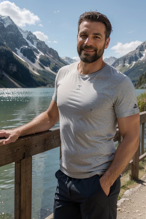 homme, randonneur, 42 ans, Souriant, charmant, cheveux bruns très courts, barbe très courte, European type, mince, sportif, svelte, marche au bord d'un lac de montagne, t-shirt moulant gris, hiking pants, photo qualité hd, grand angle, mountain landscape in the background, full view, plan large