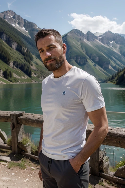 homme, randonneur, 42 ans, Souriant, charmant, cheveux bruns très courts, barbe très courte, European type, mince, sportif, svelte, marche au bord d'un lac de montagne, t-shirt moulant gris, hiking pants, photo qualité hd, grand angle, mountain landscape in the background, full view, plan large