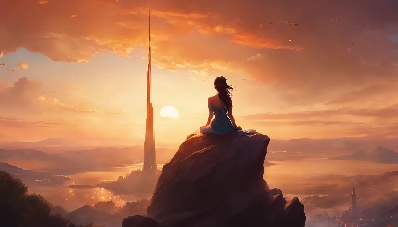 Anime girl sitting on a rock and looking at the sky,In the distance there is a tower reaching up into the sky, Xin Haicheng cyril rolando, Anime Art Wallpaper 4K, Anime Art Wallpaper 4K, Cyril Rolando and Goro Fujita, anime art wallpaper 8 k, 4k anime wallpaper, Anime Wallpaper 4K, anime wallpaper 4k, ( ( Xin Haicheng ) ), Xin Haicheng!