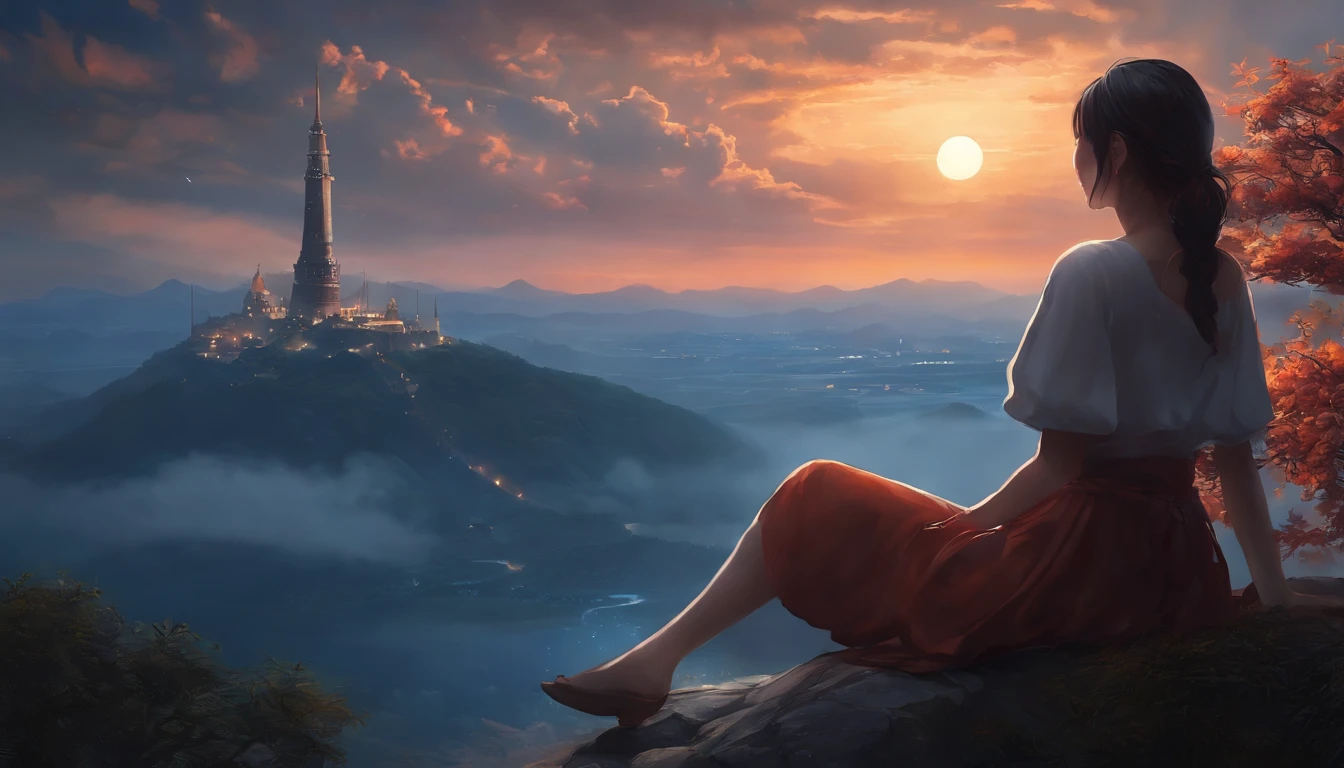 Anime girl sitting on a rock and looking at the sky,In the distance there is a tower reaching up into the sky, Xin Haicheng cyril rolando, Anime Art Wallpaper 4K, Anime Art Wallpaper 4K, Cyril Rolando and Goro Fujita, anime art wallpaper 8 k, 4k anime wallpaper, Anime Wallpaper 4K, anime wallpaper 4k, ( ( Xin Haicheng ) ), Xin Haicheng!