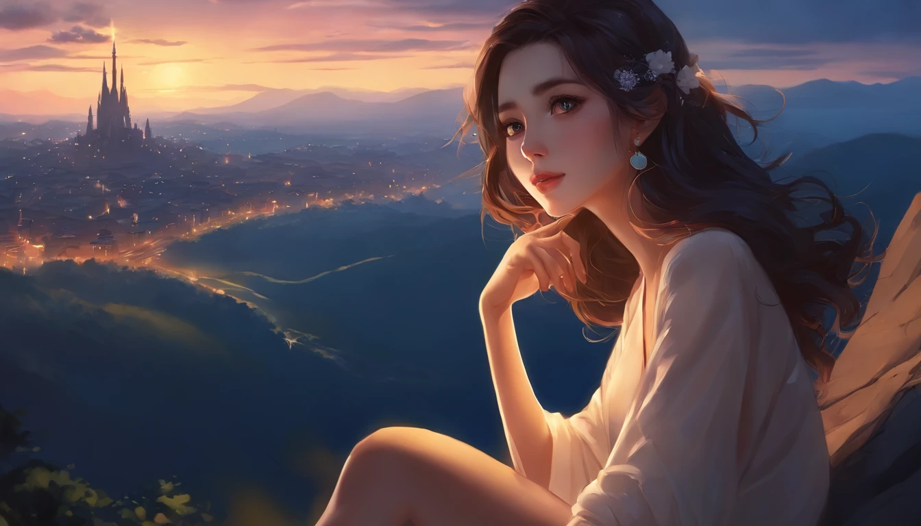 Anime girl sitting on a rock and looking at the sky,In the distance there is a tower reaching up into the sky, Xin Haicheng cyril rolando, Anime Art Wallpaper 4K, Anime Art Wallpaper 4K, Cyril Rolando and Goro Fujita, anime art wallpaper 8 k, 4k anime wallpaper, Anime Wallpaper 4K, anime wallpaper 4k, ( ( Xin Haicheng ) ), Xin Haicheng!
