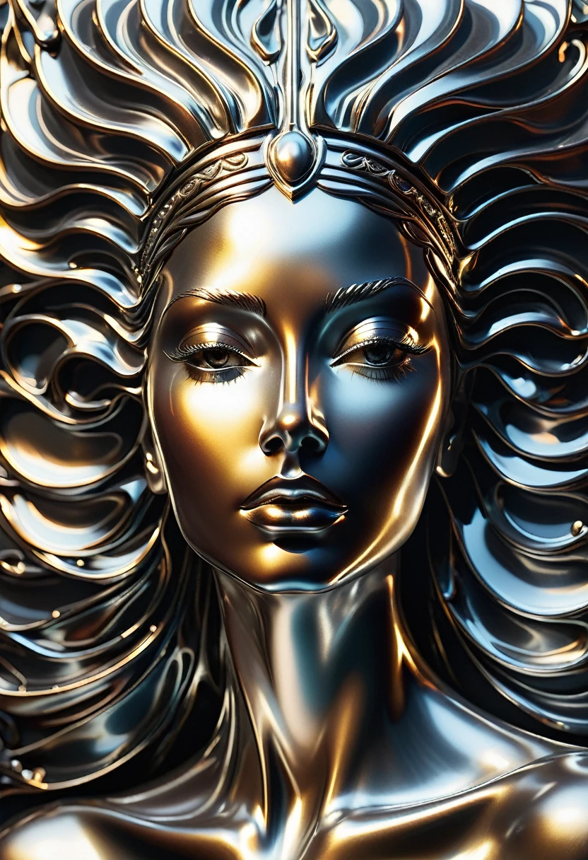 Fluid Metal, Detailed metal texture, Gloss, reflection, shine, Surreal, Forming one Goddess, BREAK Detailed and accurate shadows, dramatic cinematographic lighting, High contrast, 