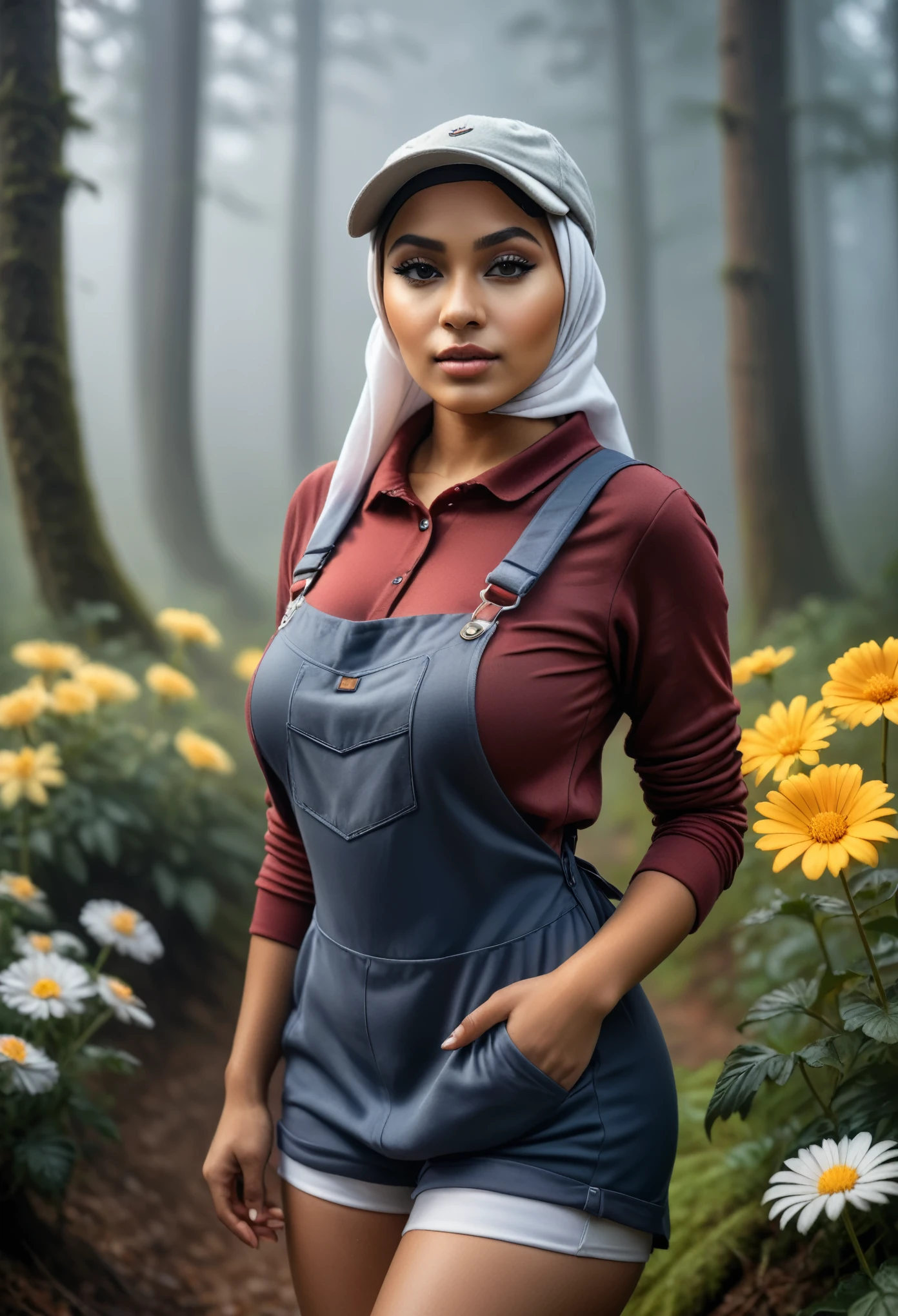 full-body portrait photograph of a young java woman hijab with polo Cap, wearing pinafore with shirt, hotpant with leggings, oversized_breasts.", she is hiking, beautiful_breasts. sensual body, in a unique, photoshot model, ((In front of flowers in the misty forest)), pullover, highres, 4k, HDR, 1girl, photorealistic, realistic, big booobs, turning away facial at viewer, closeup