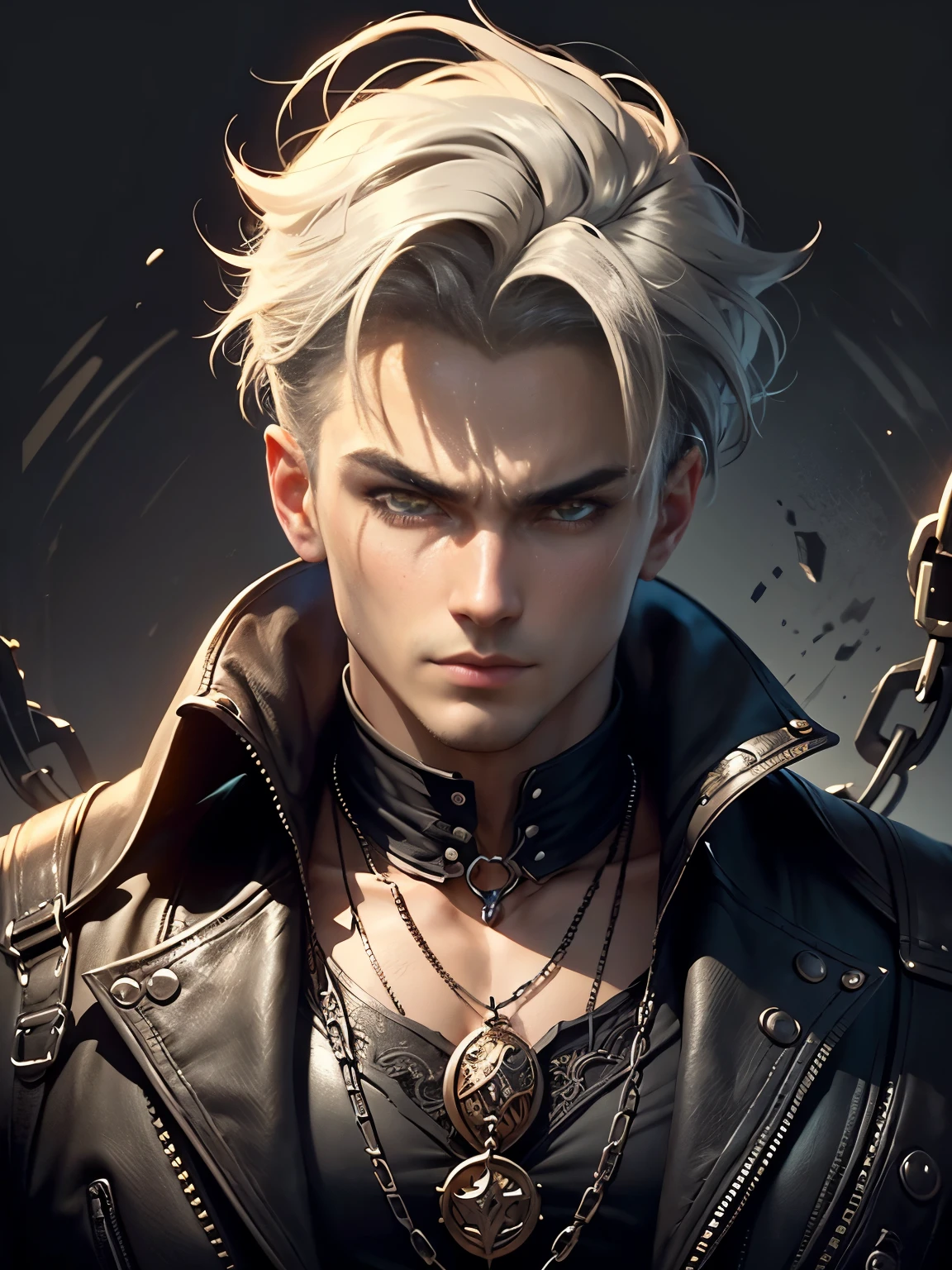 Create Facing front, looking straight ahead. an extravagant portrayal of a guy in Gothic style, emphasizing the guy theme. The design should feature Gothic elements such as lace, chains, and Victorian details, showcasing an elegant and intricate style. Utilize a color palette of black, white, and pastel tones to capture the unique Gothic aesthetic. The design must be eye-catching, with the guy centered in the image against a white background. he should fit well within the space, ensuring he does not touch the edges of the canvas. No text should be included in the image.