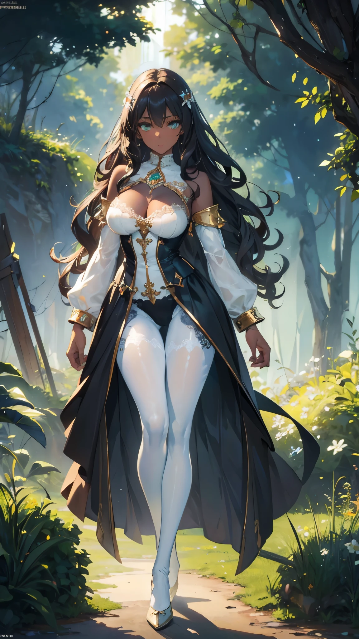 ((masterpiece, best quality)), Detailed face，Paladin，Full body painting，Perfect body proportions，Large Breasts，Long legs，dark skin，Green Eyes，Long wavy hair，beautiful eyes，Fantasy style，extremely beautiful，White background，sun，Holy Light，outdoor，transparent，Sexy Lingerie，Lace，Pantyhose，exposed，Star decoration