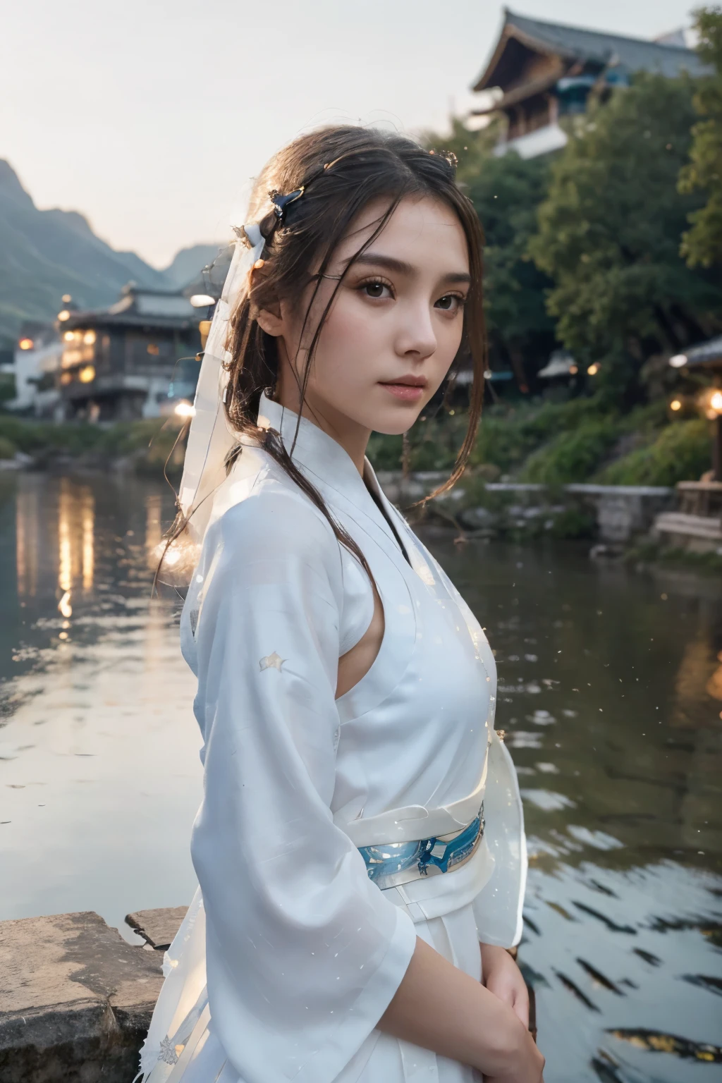 best quality, masterpiece, highres,, 1girl, Detailed face, (Upper body:1.6), Cyber cities, mountains and rivers, night, firefly lights, Realistic, rich in detail, (White hanfu:1.2), (beautiful body:1.4),