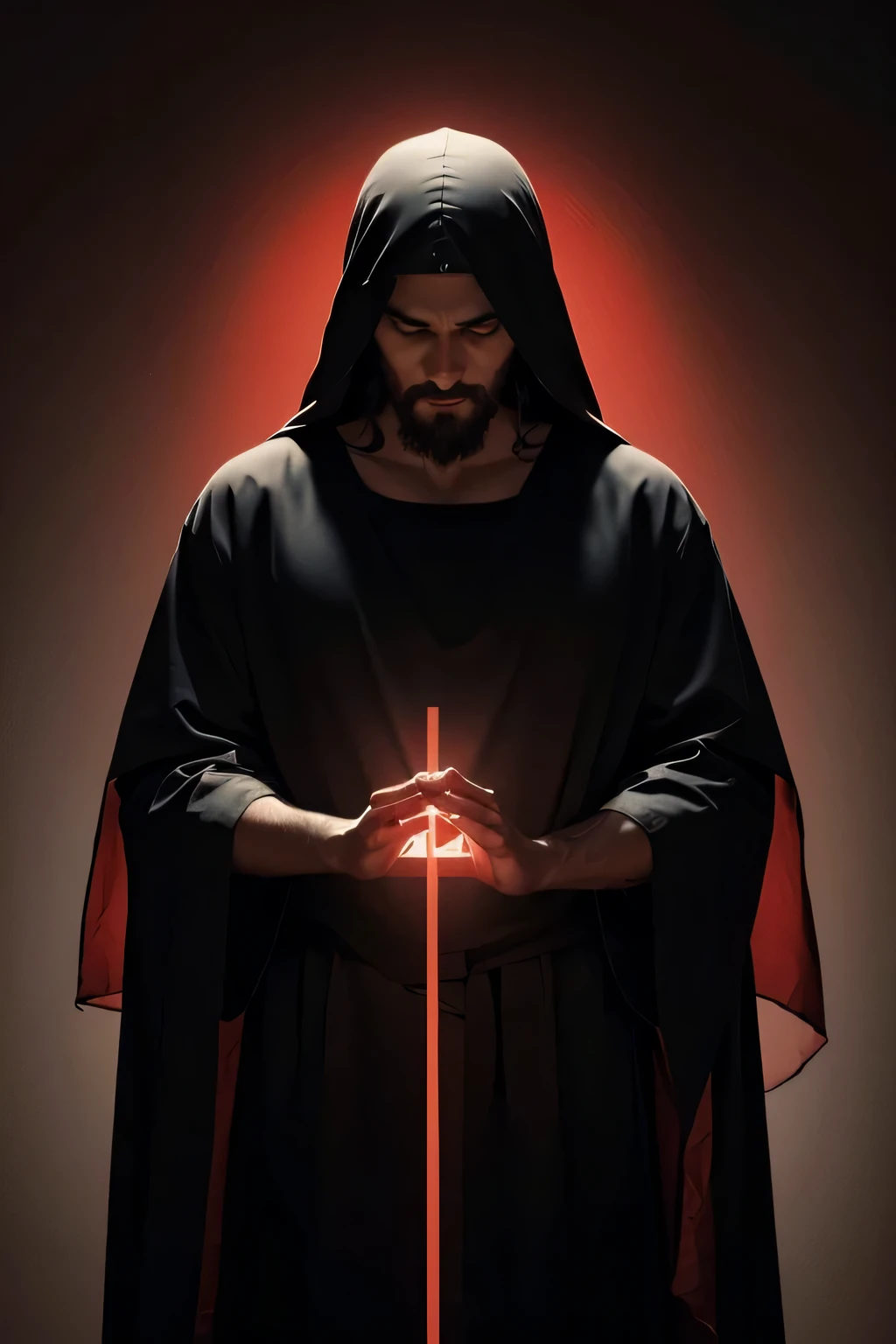 In the thumbnail, we want a dark and mysterious background with dark black and red tones, and a slight fog. The central image should be a figure that evokes Jesus Christ but with a dark touch, with faint and disturbing halos. Add dramatic lighting effects to create deep shadows, with a soft red glow around the central figure. The title should be big and catchy: '10 People Who Claim to be Jesus Christ!' with a typography that evokes mystery and fear, using a gradient from blood red to white. Position the text without covering the faces. Include dark religious symbols on the edges and a slight red or white border to highlight the thumbnail.