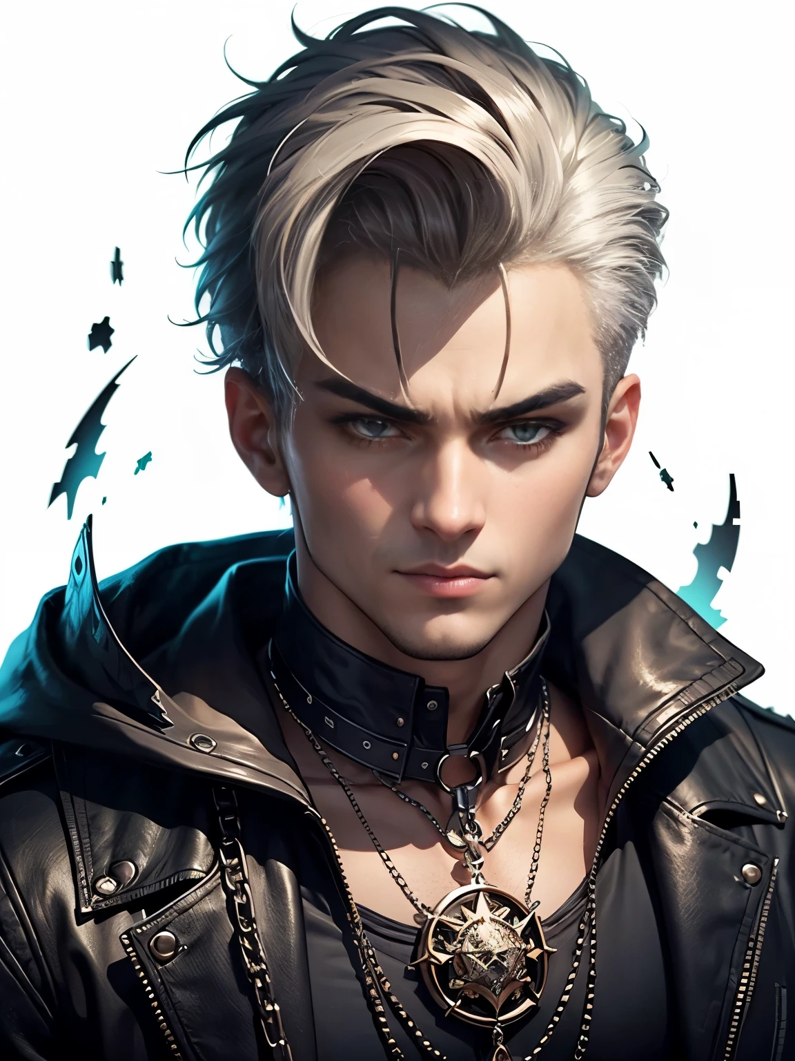 Create Facing front, looking straight ahead. an extravagant portrayal of a guy in Gothic style, emphasizing the guy theme. The design should feature Gothic elements such as lace, chains, and Victorian details, showcasing an elegant and intricate style. Utilize a color palette of black, white, and pastel tones to capture the unique Gothic aesthetic. The design must be eye-catching, with the guy centered in the image against a white background. he should fit well within the space, ensuring he does not touch the edges of the canvas. No text should be included in the image.