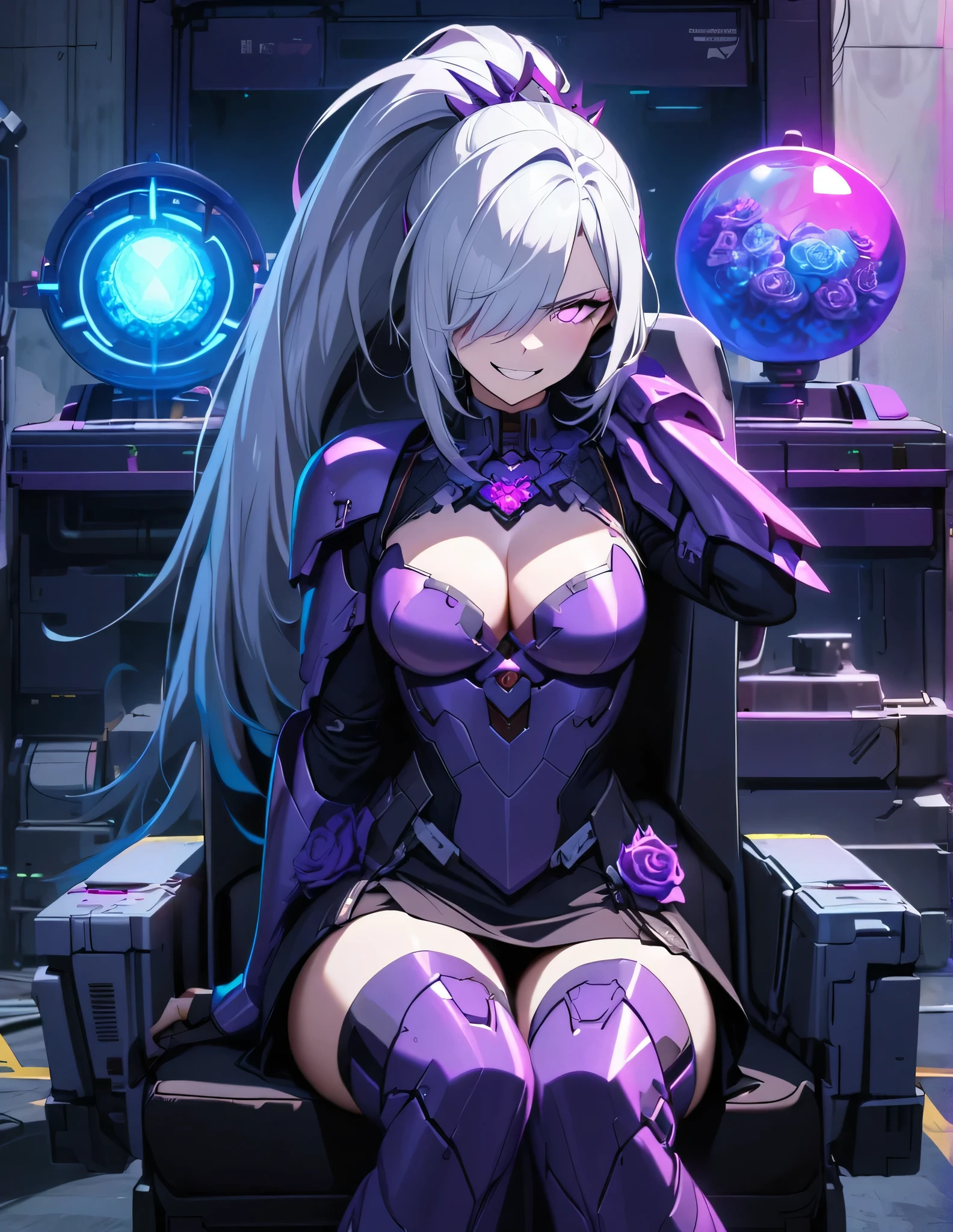 A gorgeous woman, long high ponytail, hair over one eye, silver hair, purple glowing eyes, mistycal, sitting in a chair facing you, bad smile, ultra long boots, mean smile, ultra detailed face, purple glowing roses, confident sitting, confident pose, black and purple soft armor, short skirt, cleavage, cyberpunk, eletronics details, mystical adornment s, blue magic, neon magic sphere