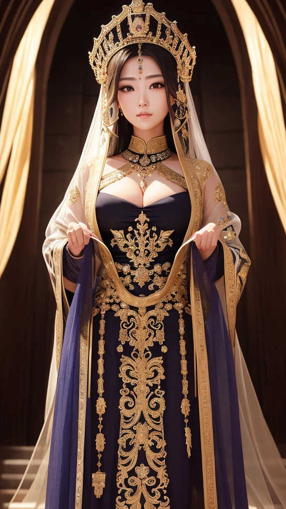 Beautiful female emperor, Transparent muscle, Beautiful appearance, There is deep wisdom in her eyes, that'It's as if she sees the whole world, Wearing a luxurious white robe, Long sword, A robe fluttering in the wind and silver hair fluttering in the wind, The white robe perfectly complements her elegant figure.., The attitude is calm and idyllic, Like a perfect fairy, Yasutomo Oka's painting style, Big Breasts, Add light purple and purple, Add Light Red, Intricate details, Splash screen, 8K resolution, masterpiece, Cute Face, Big temple, mysterious magic circle background, Geometric mural, Colorful background, aura, Sharp eyes, break, blonde, Strong winds, lightning, Grenade, We buy, Arabic