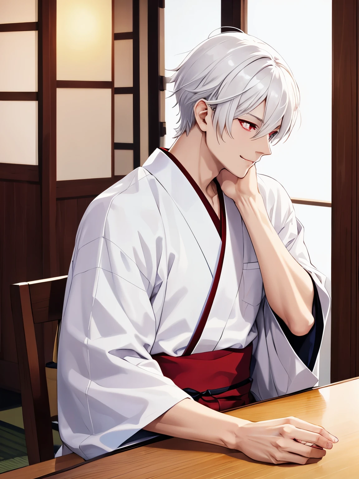 1boy,sitting,Facing right, camera angle from the side, photo from the side, looking away,in the Japanese dining room, smile,cool style,side parted hair,18 years old,Sitting in a Japanese house, at night,wearing white kimono,guy, at night,close up photo,handsome,side parted hair,short hair, straight hair, white hair, vampire, red eyes,ultra detailed, ultra HD