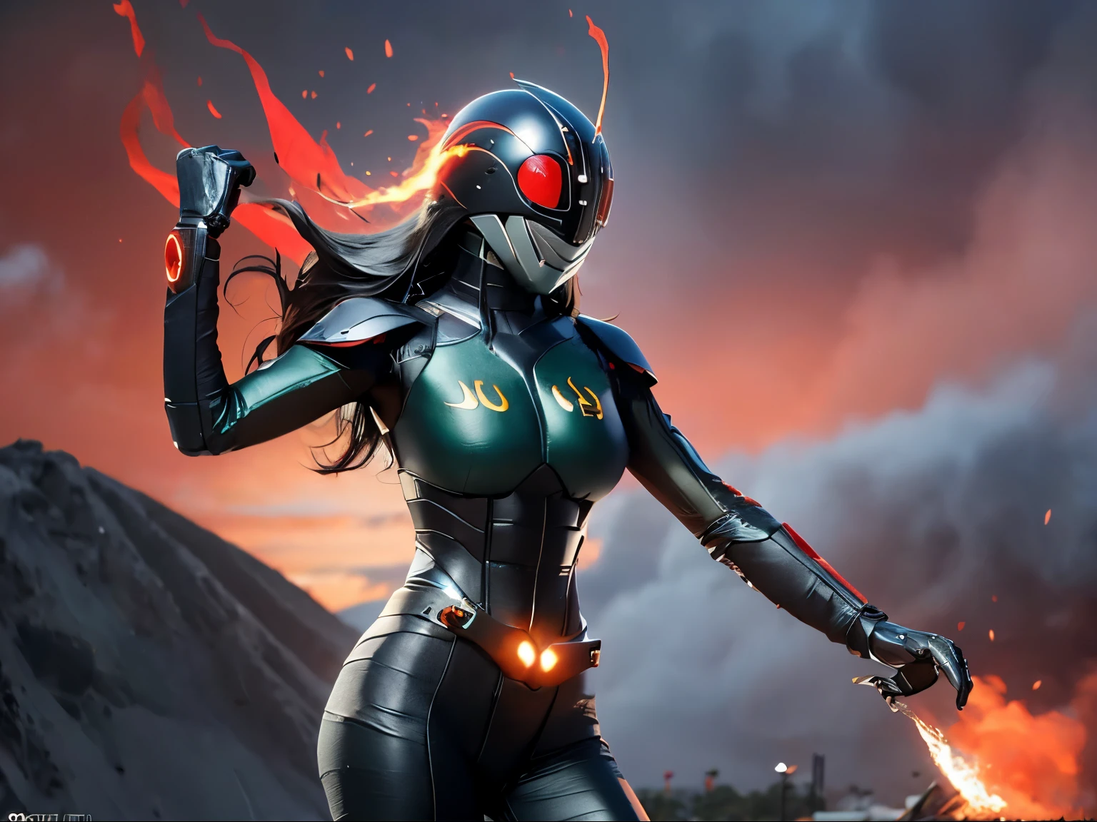 original photo, UHD, 8K, 300Dpi, hyper realistic, girl with long hair, wearing tight spandex Kamen Rider black costume, athletic body, big breasts, body curves, big thighs, tight thighs, taking off the helmet, hands holding the helmet, standing on the side big sports motorbike, fire explosion background, cinematic shooting,