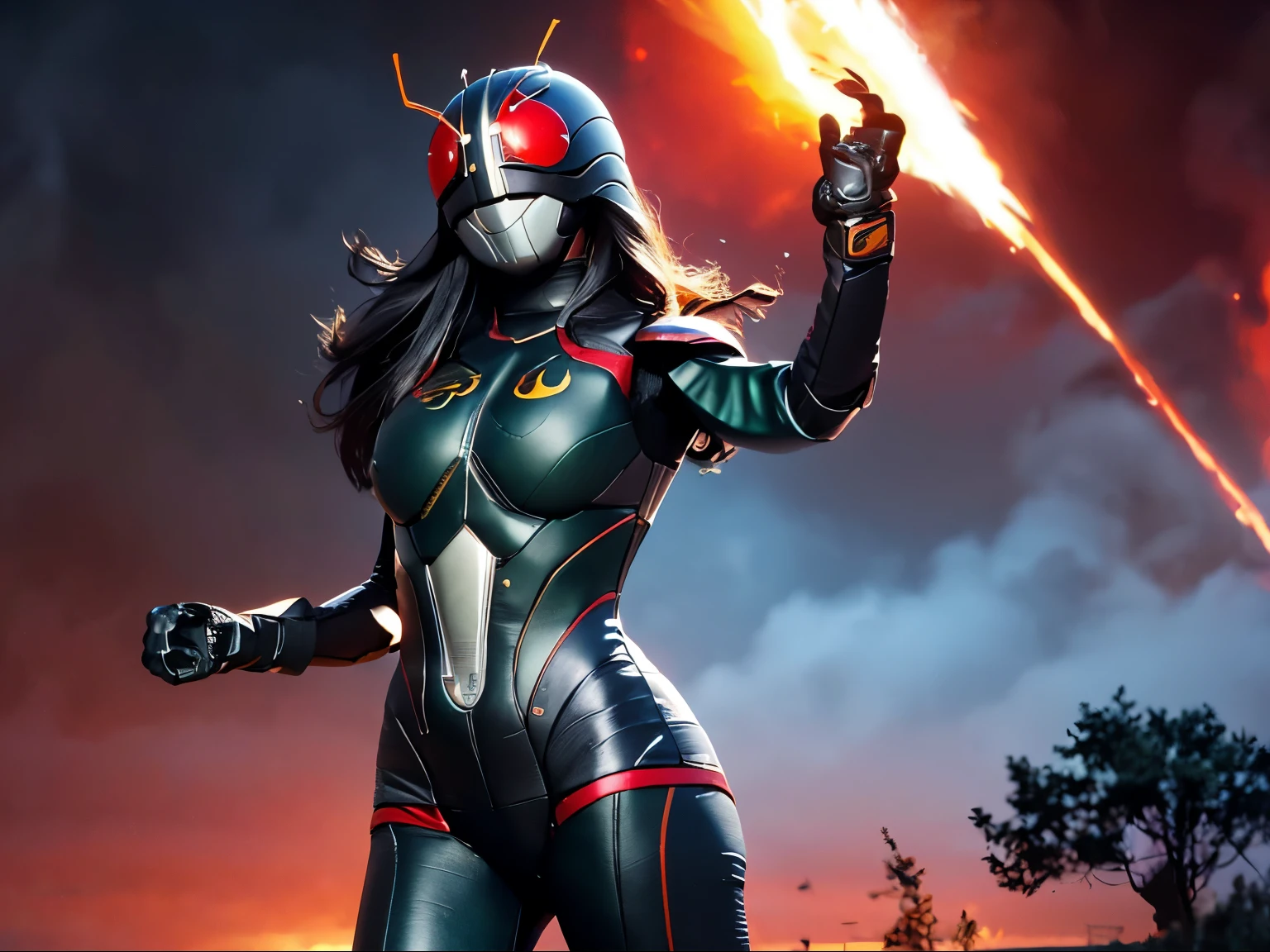 original photo, UHD, 8K, 300Dpi, hyper realistic, girl with long hair, wearing tight spandex Kamen Rider black costume, athletic body, big breasts, body curves, big thighs, tight thighs, taking off the helmet, hands holding the helmet, standing on the side big sports motorbike, fire explosion background, cinematic shooting,