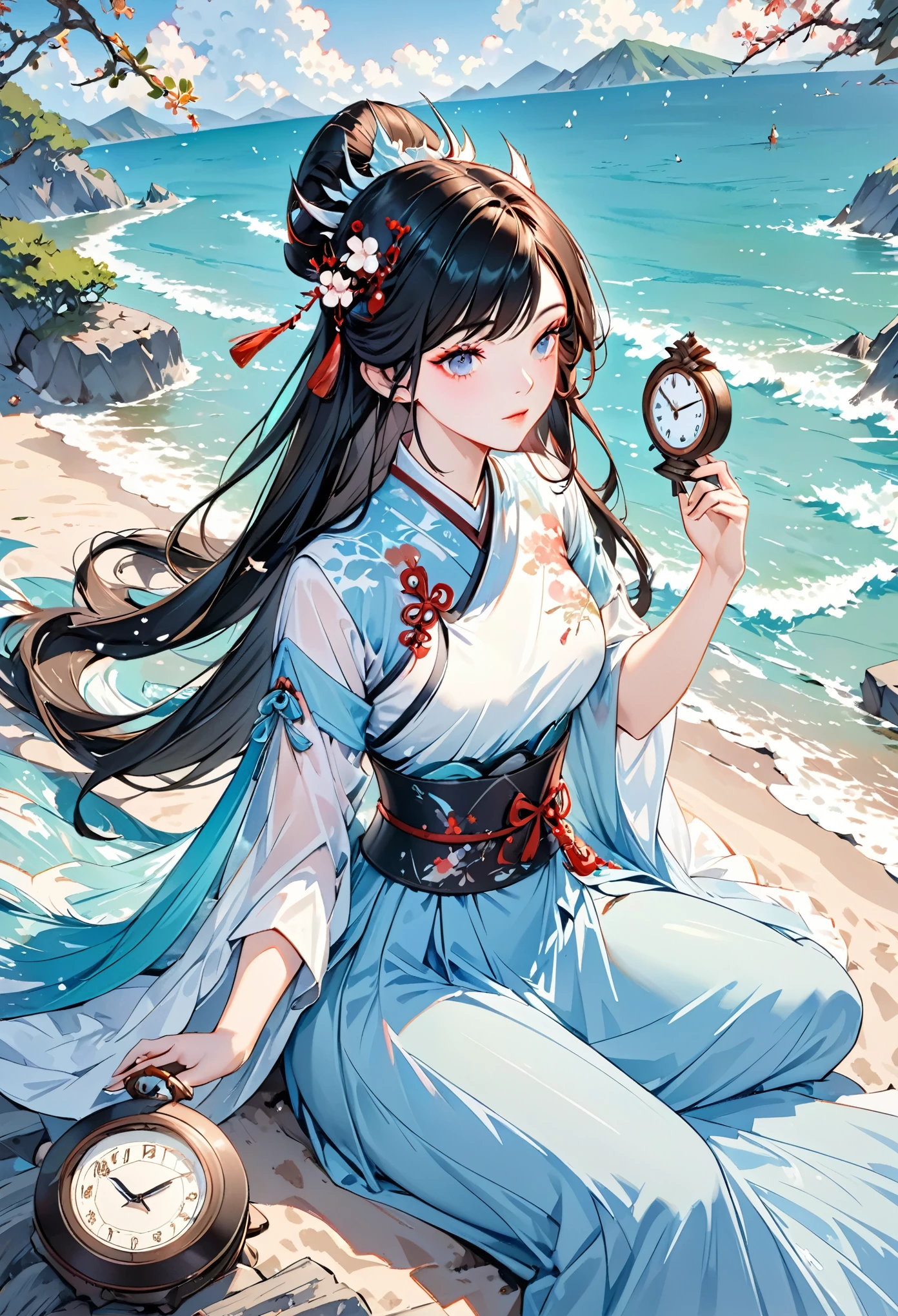 A woman sitting on the beach,Holding a clock in hand, Queen of the Sea Mu Yanling, Beautiful digital artwork, 4k highly detailed digital art, Beautiful fantasy queen, 8k high quality detailed art, Fantasy Beauty, author:Yang Jie, Beautiful and gorgeous digital art, guweiz, Artwork in the style of Guweiz, Beautiful fantasy art, Chinese Fantasy