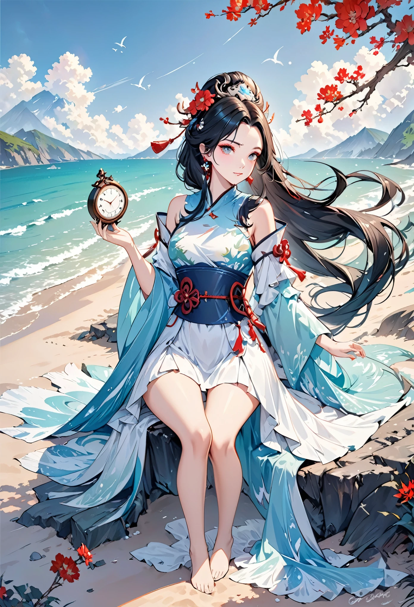 A woman sitting on the beach,Holding a clock in hand, Queen of the Sea Mu Yanling, Beautiful digital artwork, 4k highly detailed digital art, Beautiful fantasy queen, 8k high quality detailed art, Fantasy Beauty, author:Yang Jie, Beautiful and gorgeous digital art, guweiz, Artwork in the style of Guweiz, Beautiful fantasy art, Chinese Fantasy