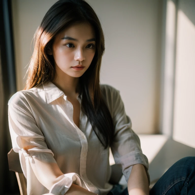 Thai woman, Look at the viewer., long hair, shirt, jeans, cloud, Looking straight at you intently, alone, กลางแจ้งท้องฟ้ากลางคืนสว่างWarm light,) Warm light,)  professional lighting, Sony A7R4, 50mm sessile lens., ,(shirtยืดลายน้ำเงินเข้ม,)  Warm light ถ่ายด้วยกล้องคุณภาพสูง 45,000,000,000,Pixels, realistic light colors,