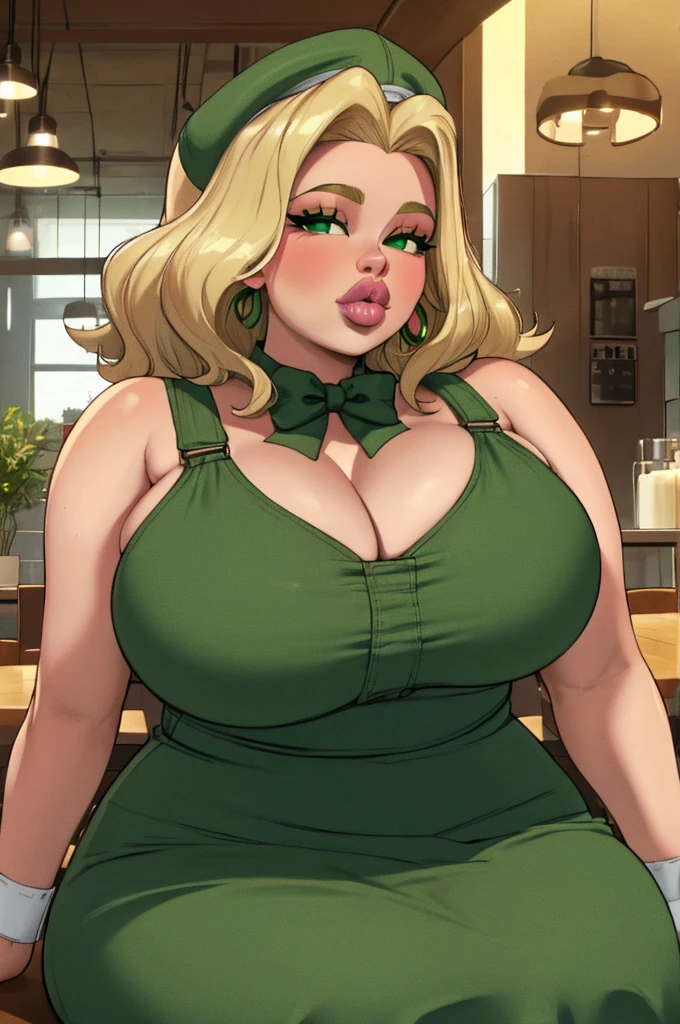 solo curvy girl, blonde hair, medium curls, sidelocks, pale skin, puffy cheeks, very curvy, green eyes, pouting lips, pink lipstick (bimbo lips), green earrings, plump belly, perky breasts (giant breats:1.35), thick thighs, sleeveless, (maid attire) green overalls, green maid headwear, bowtie, mini pleated skirt, sitting down, from front, looking at viewer, at the cafe, tables, (warm lights) close up, ((masterpiece, curvilinear, 8K))