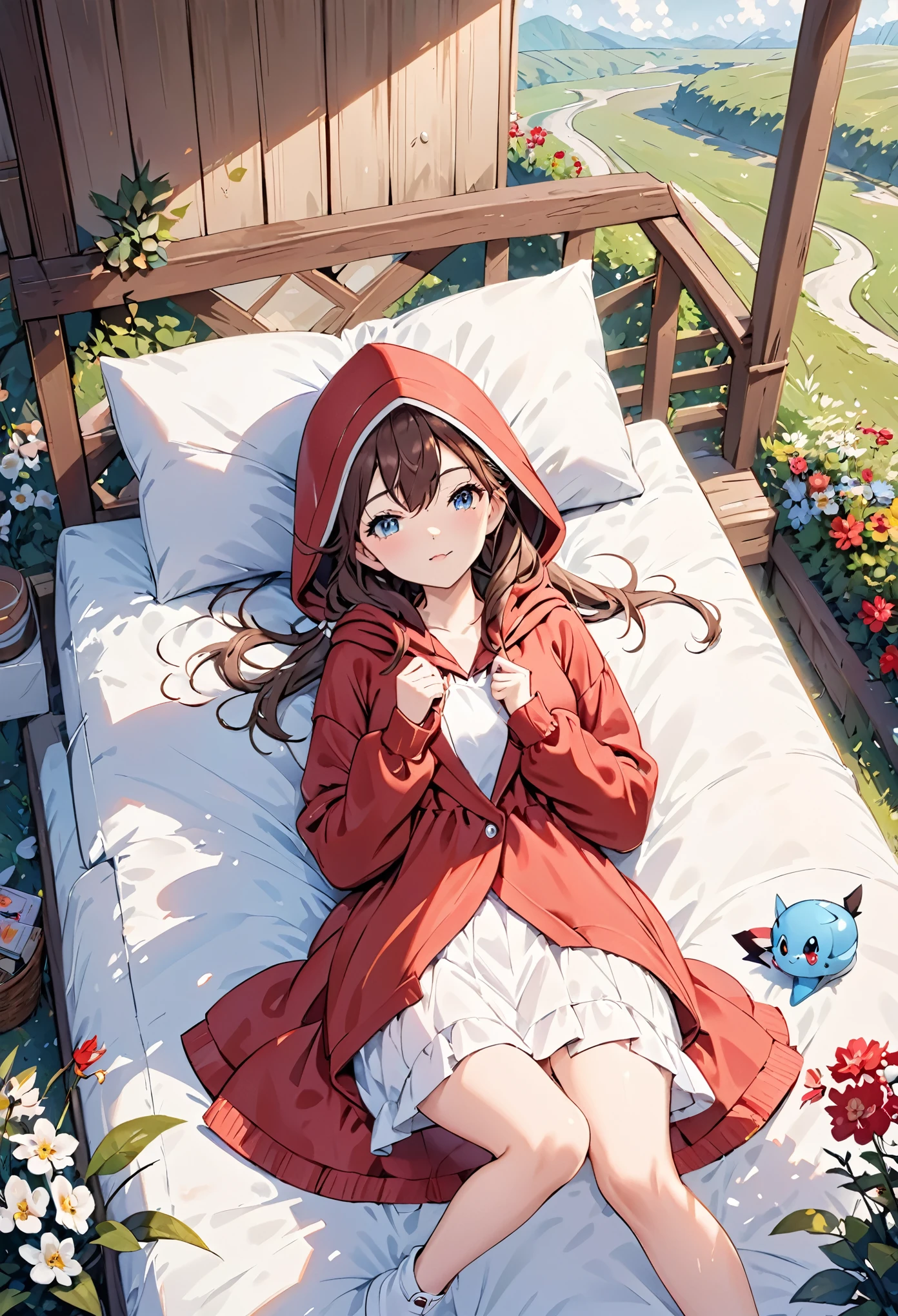 Pokex, Pokex, brown hood, hood, 1 Girl, best quality, outdoor, HD, Lovely, lying on the Lovely bed,