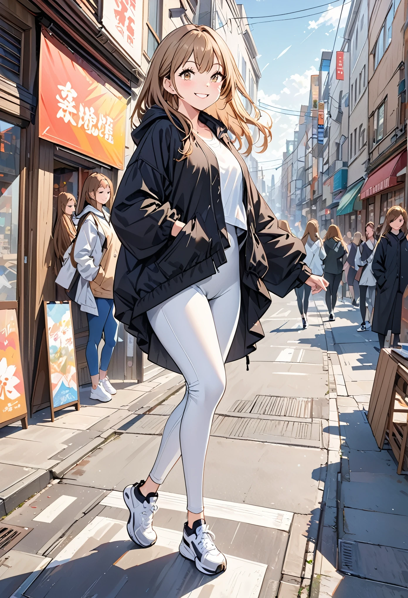 best quality, Ultra-high resolution, (Reality:1.4), 1 Girl, Oversized black jacket, White movement, (Yoga Pants:1), (Light brown hair:1.2), Looking at the audience, Smile, Foote Body, street, Urban, cosmetic, Wide Angle