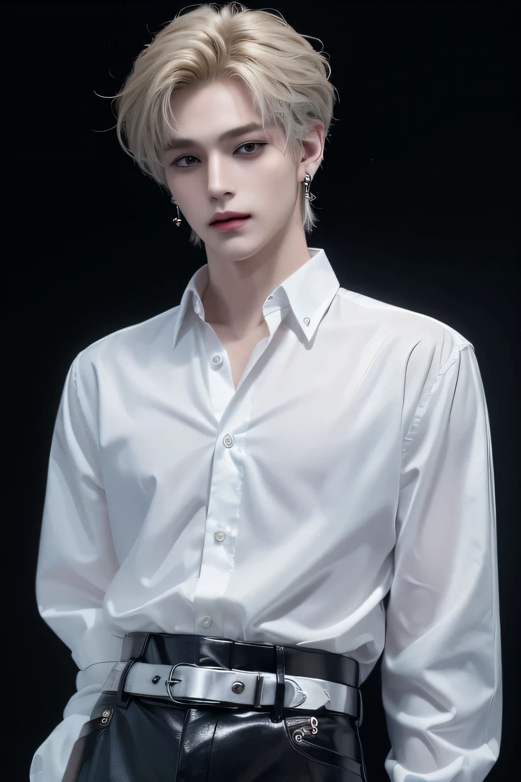 ((highest quality, 8K, masterpiece: 1.3)), Handsome boy from a visual kei band:1.5, 20-year-old、Delinquent boy、 well-groomed face, Blonde hair color、thin face、（white skin:1.5）、blue eyes、boy with makeup、Super handsome、Extra-fine face, handsome nose, small eyes and face, beautiful lighting, High resolution, detailed mouth, smile, whole body: 1.5, perfect body shape、super slim，Midial Hair、pointed hair set、transparent  shirt、Chrome hearts、leather pants、leather belt、Silver earrings、lip piercing