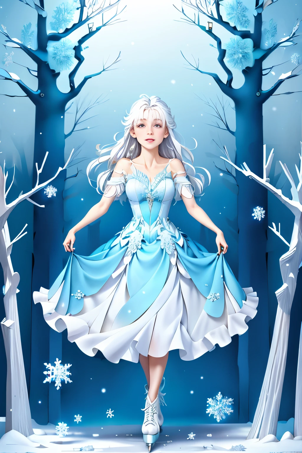 Passionate Ice Skater in a Frosty Forest
In the heart of a winter wonderland, a young woman dons a radiant, flowing ice-blue dress, emblematic of her boundless love for ice skating. Her eyes sparkle with determination as she gracefully glides on the frozen lake, surrounded by towering, icy trees and a canopy of twinkling snowflakes. A gentle breeze rustles her long, glossy hair, accentuating her passionate movements as she pirouettes and twirls with ease.
In the distance, the warm glow of a hidden cabin peeks through the trees, symbolizing the constant support and encouragement she receives from her loved