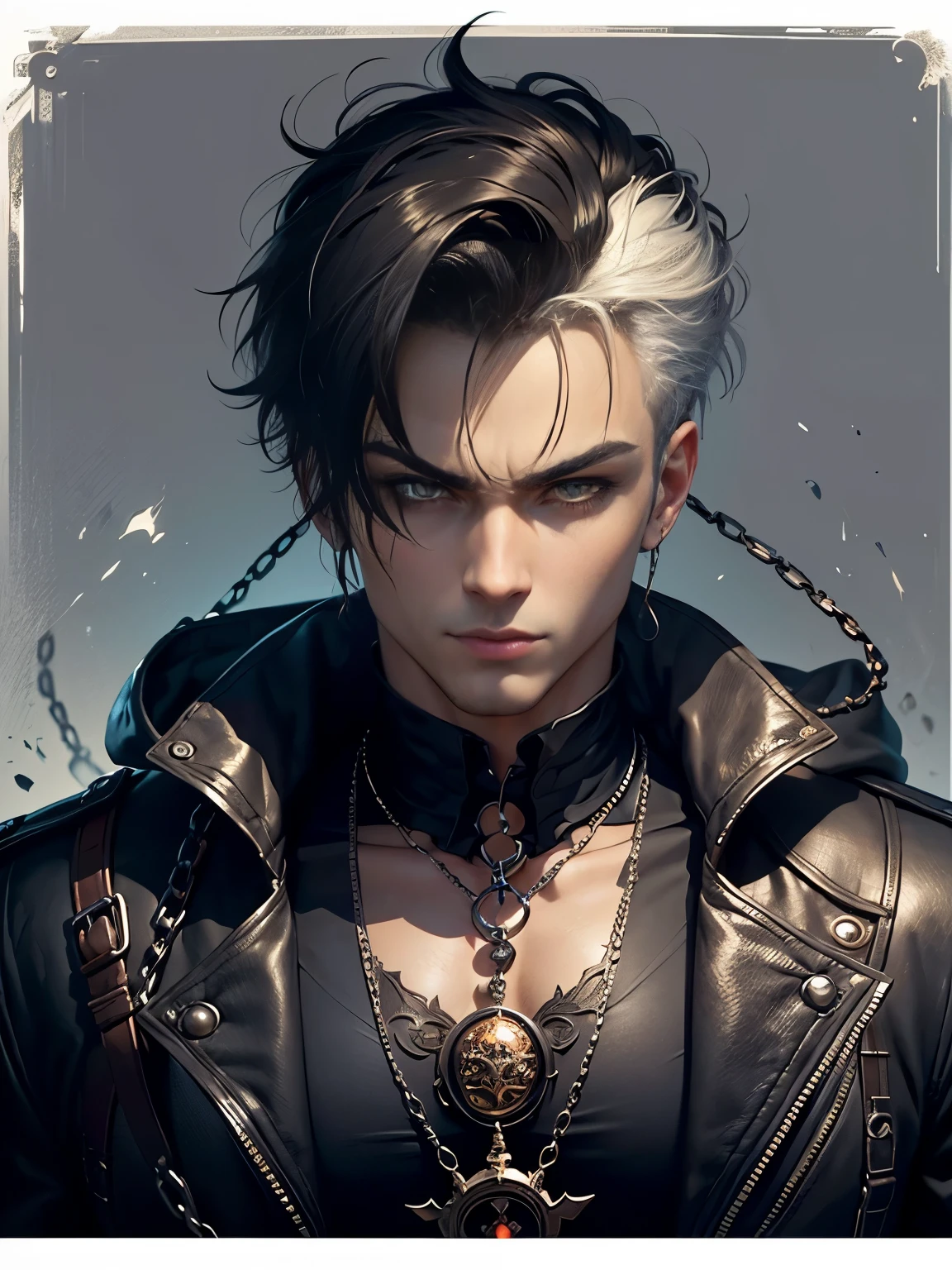 Create Facing front, looking straight ahead. an extravagant portrayal of a guy in Gothic style, emphasizing the guy theme. The design should feature Gothic elements such as lace, chains, and Victorian details, showcasing an elegant and intricate style. Utilize a color palette of black, white, and pastel tones to capture the unique Gothic aesthetic. The design must be eye-catching, with the guy centered in the image against a white background. he should fit well within the space, ensuring he does not touch the edges of the canvas. No text should be included in the image.