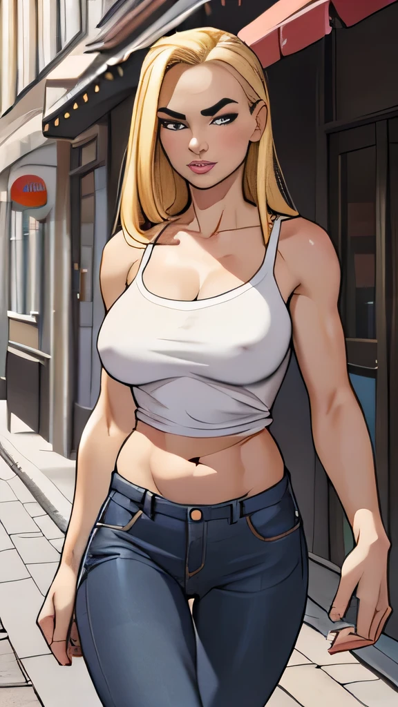 ((highest quality)), （tmasterpiece，A high resolution，best qualtiy：1.2），8K， (detailed), solo,Perfect Face,1 Girl, blond straight hair,forehead ,hairline,blond eyebrows,Breasts, slender,German,black camisole, 
,jeans,belly button,walk the street,cool, No expression