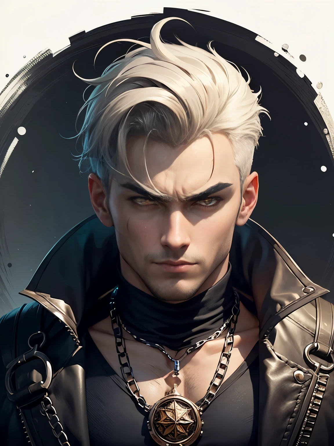 Create Facing front, looking straight ahead. an extravagant portrayal of a guy in Gothic style, emphasizing the guy theme. The design should feature Gothic elements such as lace, chains, and Victorian details, showcasing an elegant and intricate style. Utilize a color palette of black, white, and pastel tones to capture the unique Gothic aesthetic. The design must be eye-catching, with the guy centered in the image against a white background. he should fit well within the space, ensuring he does not touch the edges of the canvas. No text should be included in the image.