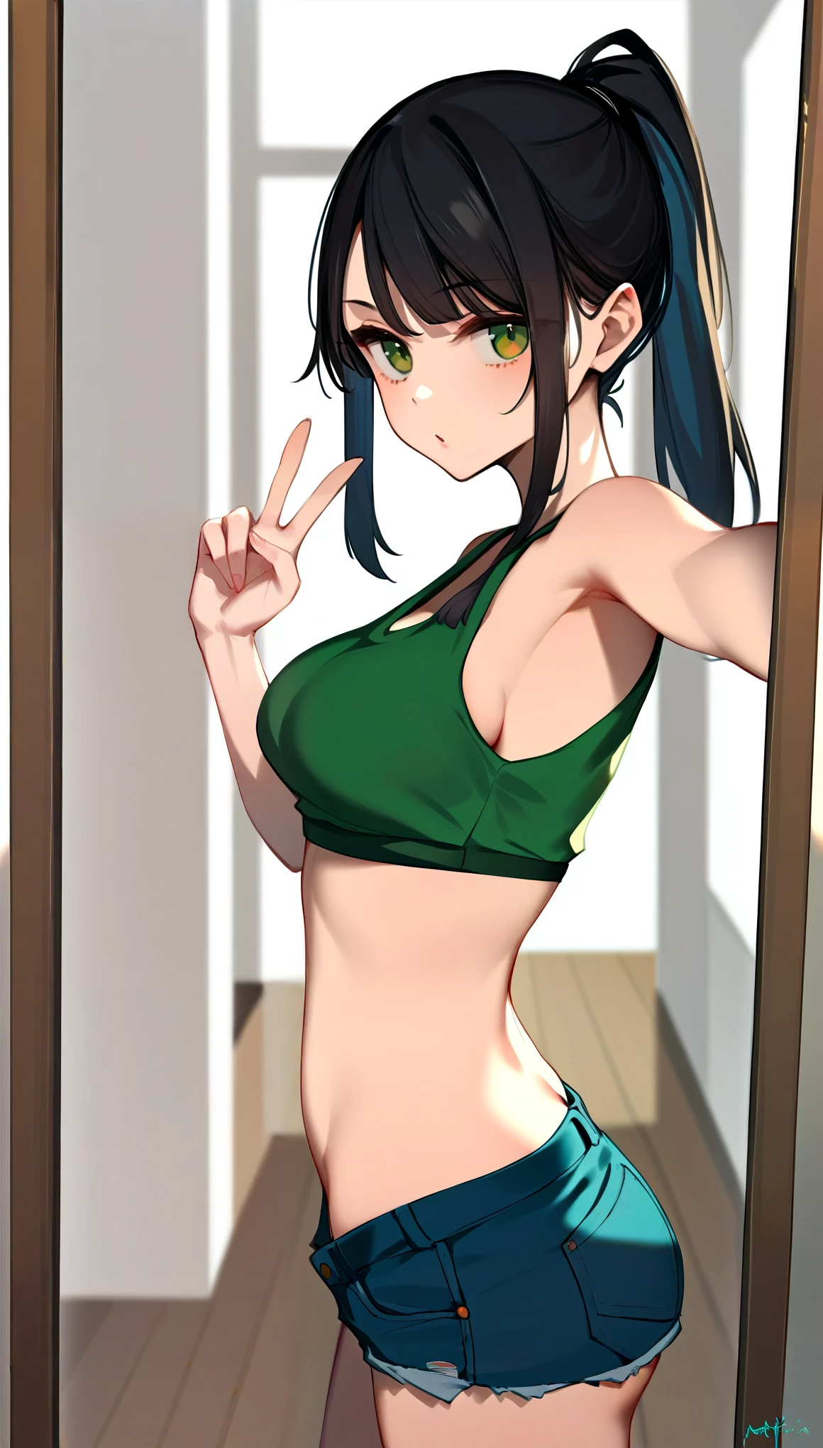 Score_9, score_8_up, score_7_up, rating_safe, expressive eyes, perfect face, full body shot, slim, emaciated, boob squish, medium perky breasts, round breasts, black hair, ponytail, green eyes, green tank top:1.2 , Jean shorts,dressing room background, posing for picture, peace sign, mirror selfie,  source_anime