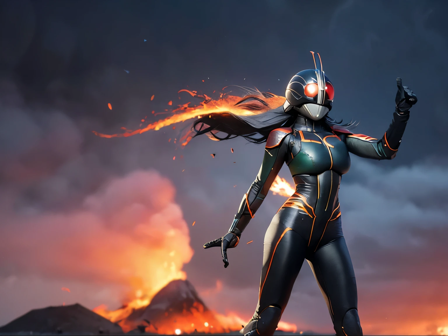 original photo, UHD, 8K, 300Dpi, hyper realistic, girl with long hair, no mask, wearing tight spandex Kamen Rider black costume, athletic body, big breasts, body curves, big thighs, tight thighs, taking off the helmet, hands holding the helmet, standing on the side big sports motorbike, fire explosion background, cinematic shooting,