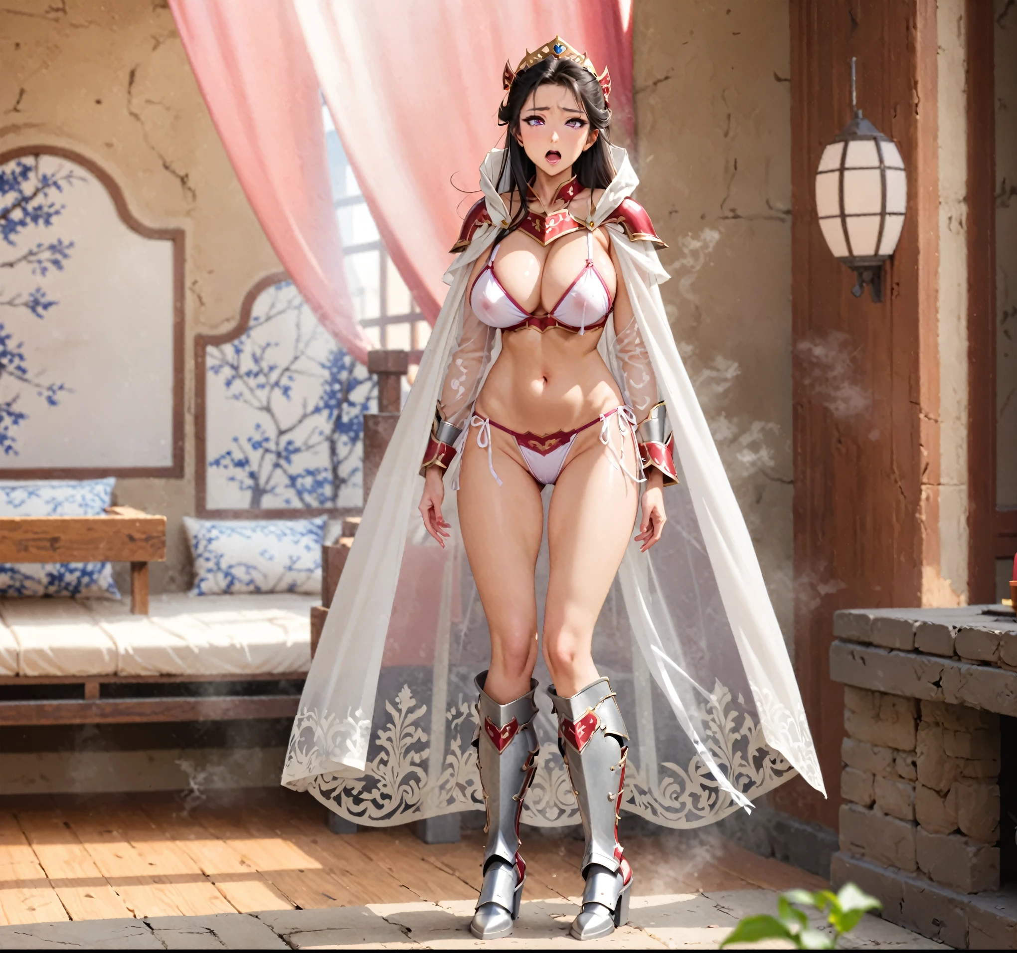 Chinese Princess,long hair girl, Lustful eyes, lustful expressions,Strong sexual desire,bikini red and white armor, Bikini Armor is nearly transparent,see-through clothing,almost naked, Huge breasts,Long-legged girl, Put on metal boots, long cloak
