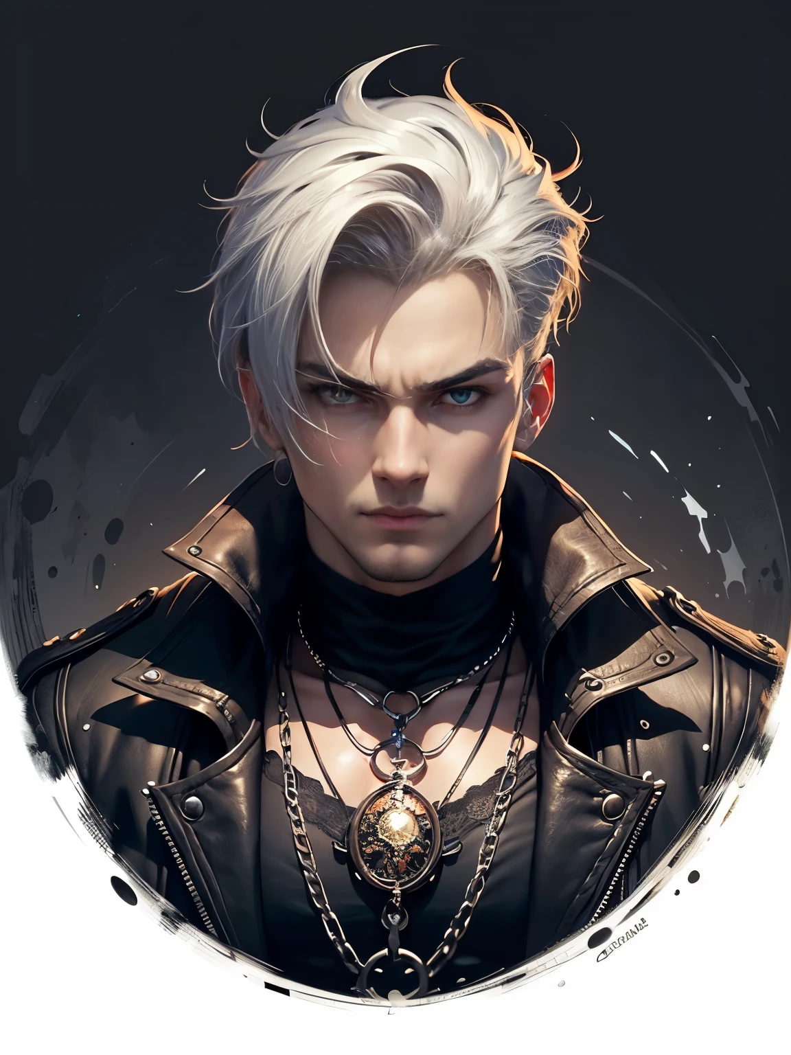 Create Facing front, looking straight ahead. an extravagant portrayal of a guy in Gothic style, emphasizing the guy theme. The design should feature Gothic elements such as lace, chains, and Victorian details, showcasing an elegant and intricate style. Utilize a color palette of black, white, and pastel tones to capture the unique Gothic aesthetic. The design must be eye-catching, with the guy centered in the image against a white background. he should fit well within the space, ensuring he does not touch the edges of the canvas. No text should be included in the image.