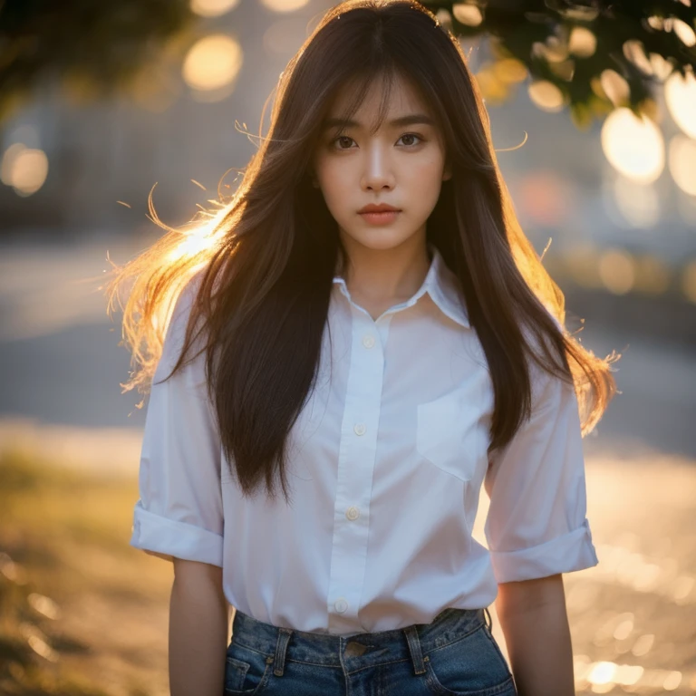 Thai woman, Look at the viewer., long hair, shirt, jeans, cloud, Looking straight at you intently, alone, กลางแจ้งท้องฟ้ากลางคืนสว่างWarm light,) Warm light,)  professional lighting, Sony A7R4, 50mm sessile lens., ,(shirtยืดสีน้ำเงินเข้ม,)  Warm light ถ่ายด้วยกล้องคุณภาพสูง 45,000,000,000,Pixels, realistic light colors,