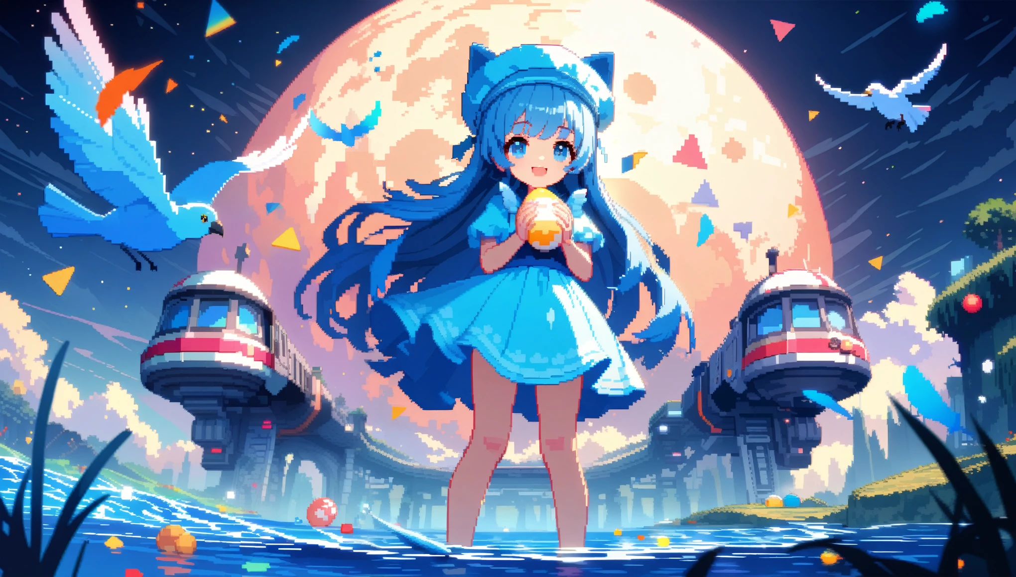 32k, best quality, ultra high res, HDR, UHD, extremely detailed CG, unity 32k wallpaper, A world full of eggs, 18-year-old, Holding a rainbow-colored egg in both hands, Very cute girl, Blue Hair, Long Hair, blue eyes, A beautiful and cute blue dress, from the front, A very beautiful sea background, Standing on the water, Particles that glow blue, bird, cloud, Egg with wings, Close your mouth and smile happily, A cute hat with blue feathers, (wing), full moon, In a retro 3D pixel art style, the cute robot cat with big claws and large guns is depicted with blocky, pixelated shapes and limited color palettes, reminiscent of classic video game graphics. The design evokes a nostalgic feel, with simple yet charming character designs and environments. The background is a pixelated, retro-futuristic landscape with geometric shapes and bright colors, reminiscent of vintage arcade games. This high-quality, high-resolution artwork, ideal for 16k wallpaper and 32k HD HDR, captures the nostalgic appeal of retro 3D pixel art, enhanced by Unreal Engine for smooth animations and vibrant retro visuals.