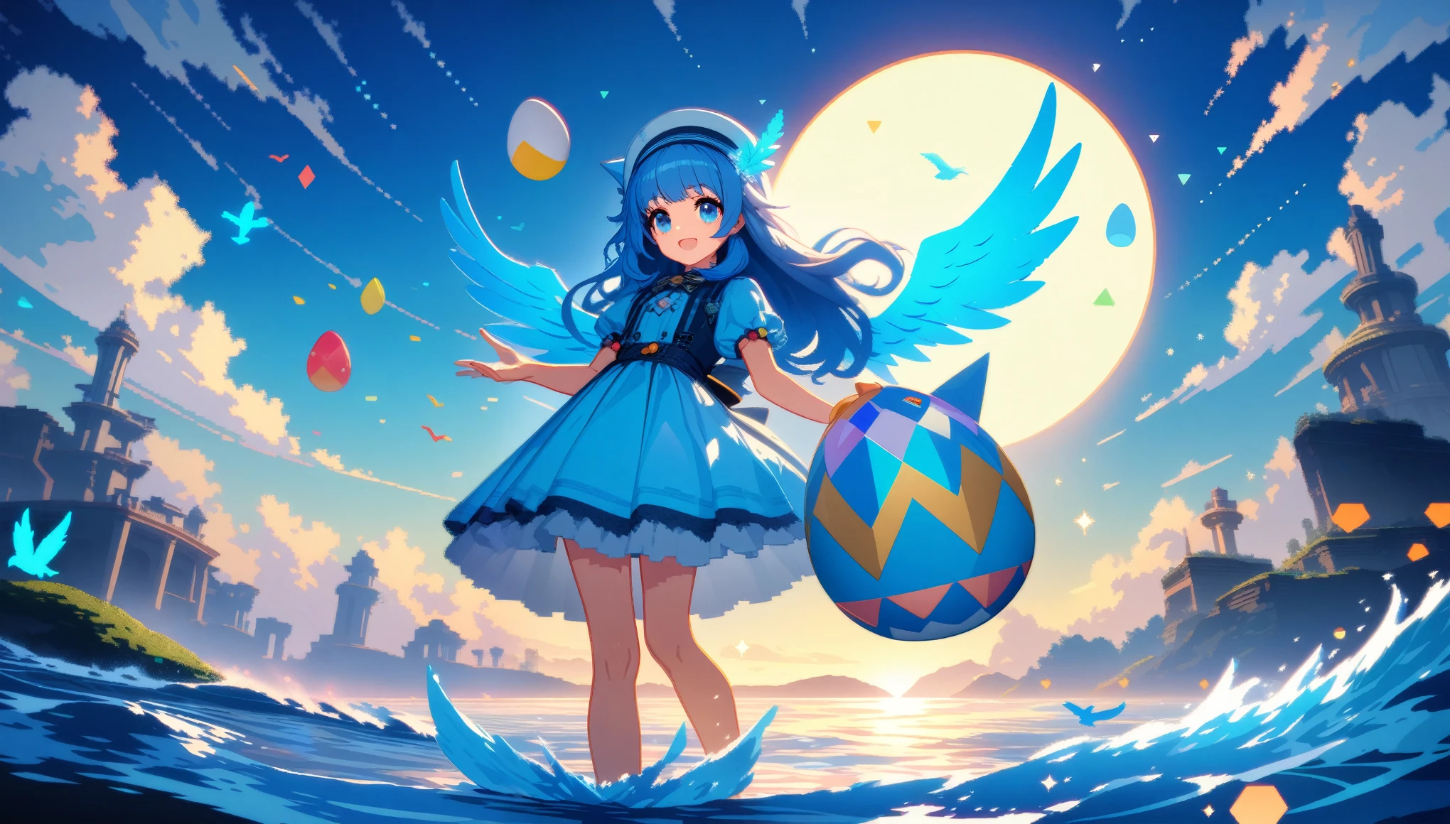 32k, best quality, ultra high res, HDR, UHD, extremely detailed CG, unity 32k wallpaper, A world full of eggs, 18-year-old, Holding a rainbow-colored egg in both hands, Very cute girl, Blue Hair, Long Hair, blue eyes, A beautiful and cute blue dress, from the front, A very beautiful sea background, Standing on the water, Particles that glow blue, bird, cloud, Egg with wings, Close your mouth and smile happily, A cute hat with blue feathers, (wing), full moon, In a retro 3D pixel art style, the cute robot cat with big claws and large guns is depicted with blocky, pixelated shapes and limited color palettes, reminiscent of classic video game graphics. The design evokes a nostalgic feel, with simple yet charming character designs and environments. The background is a pixelated, retro-futuristic landscape with geometric shapes and bright colors, reminiscent of vintage arcade games. This high-quality, high-resolution artwork, ideal for 16k wallpaper and 32k HD HDR, captures the nostalgic appeal of retro 3D pixel art, enhanced by Unreal Engine for smooth animations and vibrant retro visuals.