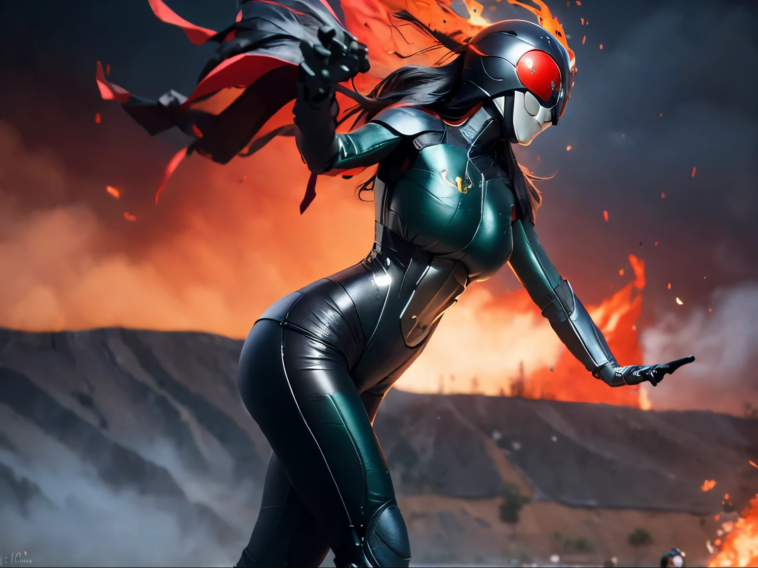 original photo, UHD, 8K, 300Dpi, hyper realistic, girl with long hair, no mask, wearing tight spandex Kamen Rider black costume, athletic body, big breasts, body curves, big thighs, tight thighs, taking off the helmet, hands holding the helmet, standing on the side big sports motorbike, fire explosion background, cinematic shooting,